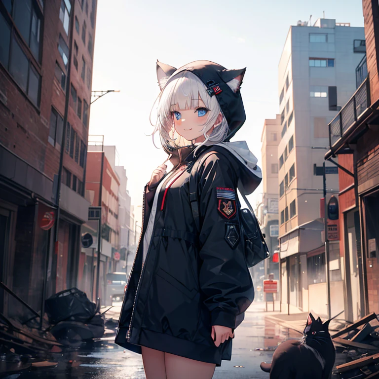 masterpiece, best quality, 1girl, hood up, cat-ear hood, white hair, blue eyes, french braid, blunt bangs, military black wear, apocalyptic world, ruined city, wilderness, high ground, wind, dynamic angle and pose, smile,