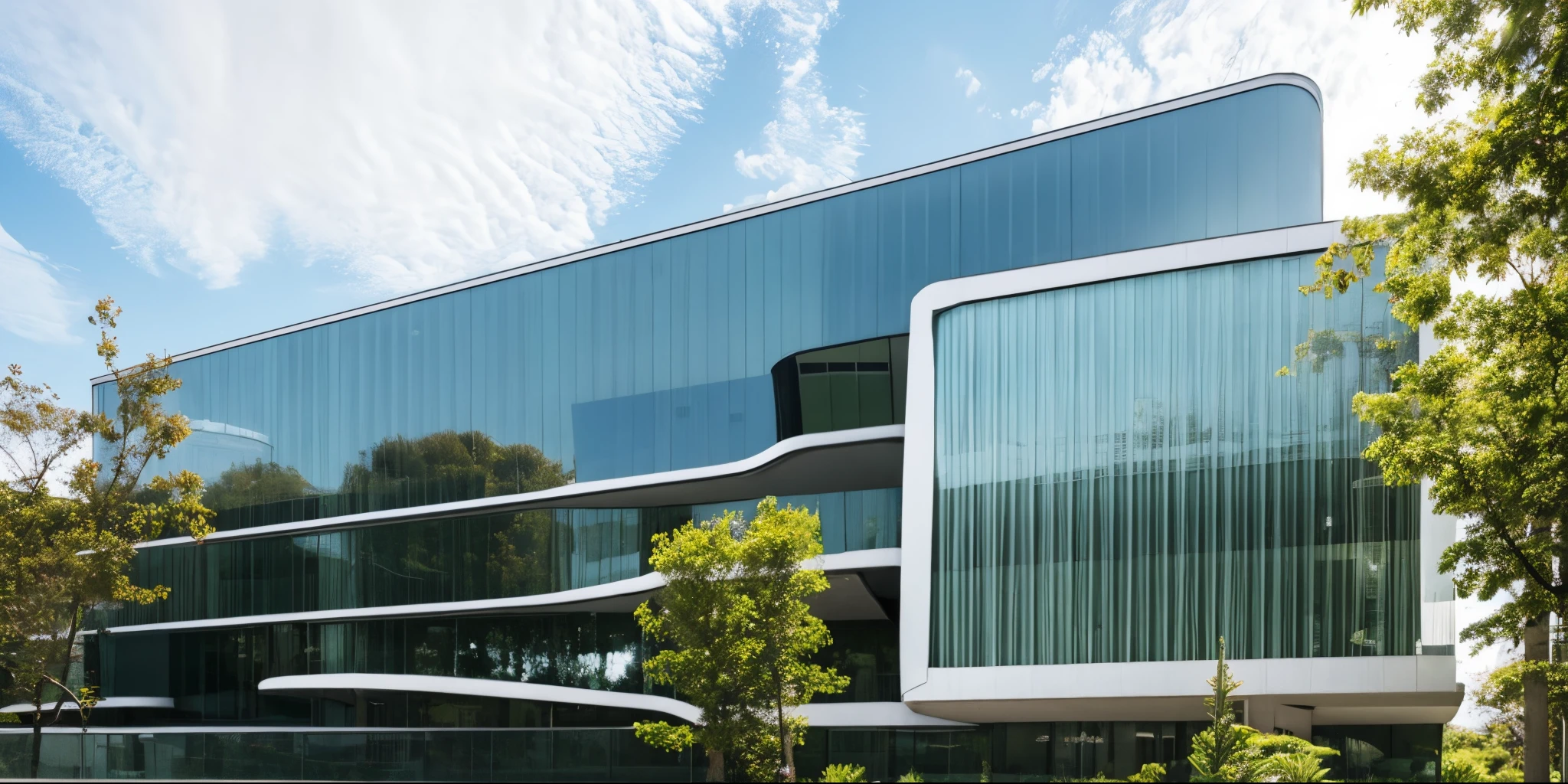 Super realistic building exterior、Contrast between glass and white exterior walls、sharp、delicate