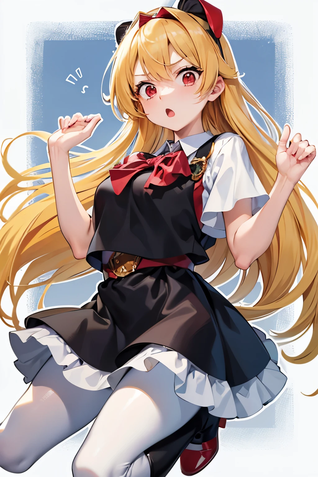 masutepiece, Best Quality, 1girl in, (cha-cha),a blond, (red eyes:1.2),((Hands up))、((a miniskirt))、((embarassed expression))、((white backgrounid))、((Photo from below))、((Black pantyhose))、((length hair))、((boots))