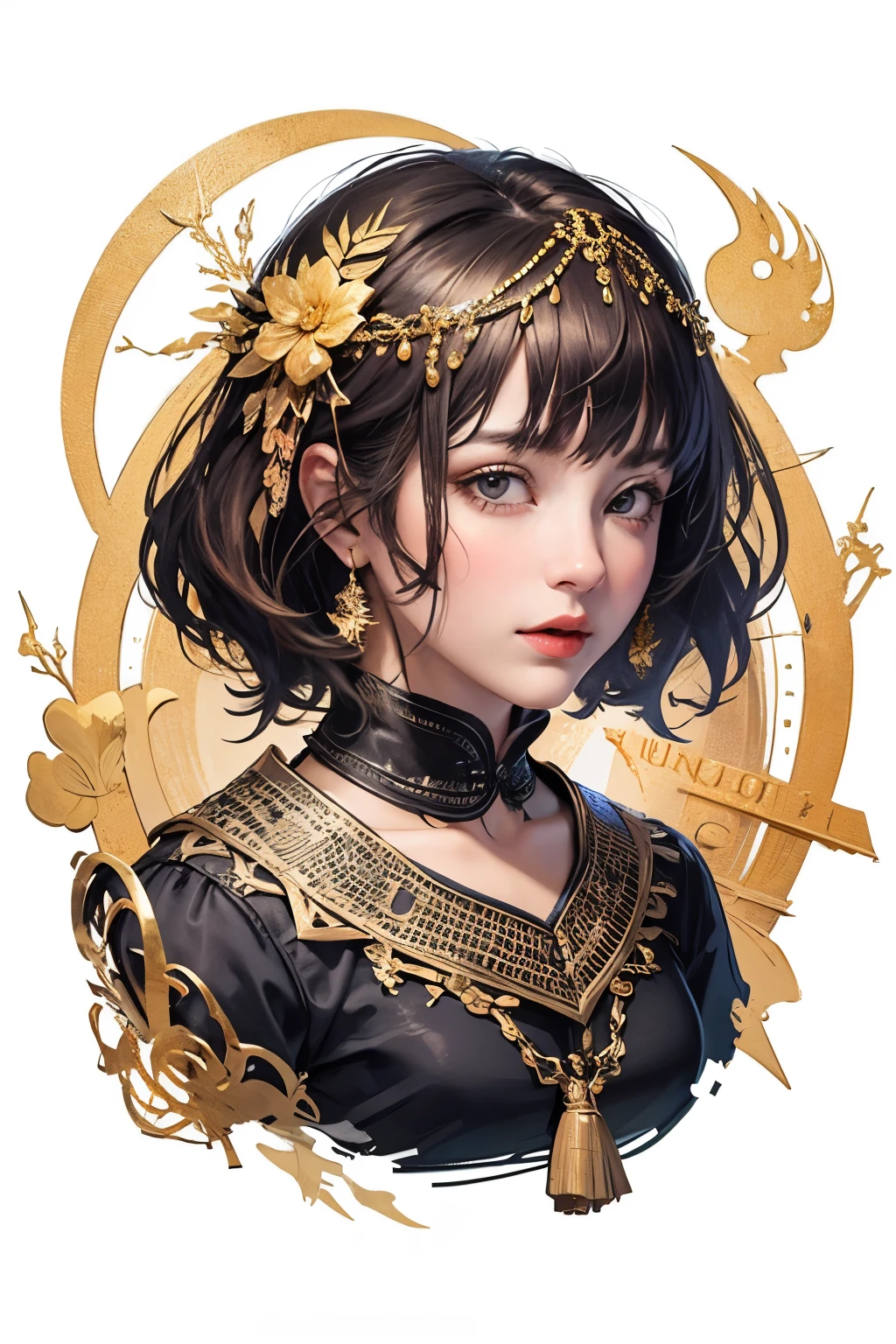 (masterpiece, top quality, best quality, official art, beautiful and aesthetic:1.2), (1girl), extreme detailed,colorful,highest detailed, official art, unity 8k wallpaper, ultra detailed, beautiful and aesthetic, beautiful, masterpiece, best quality, (zentangle, mandala, tangle, entangle) ,holy light,gold foil,gold leaf art,glitter drawing, PerfectNwsjMajic