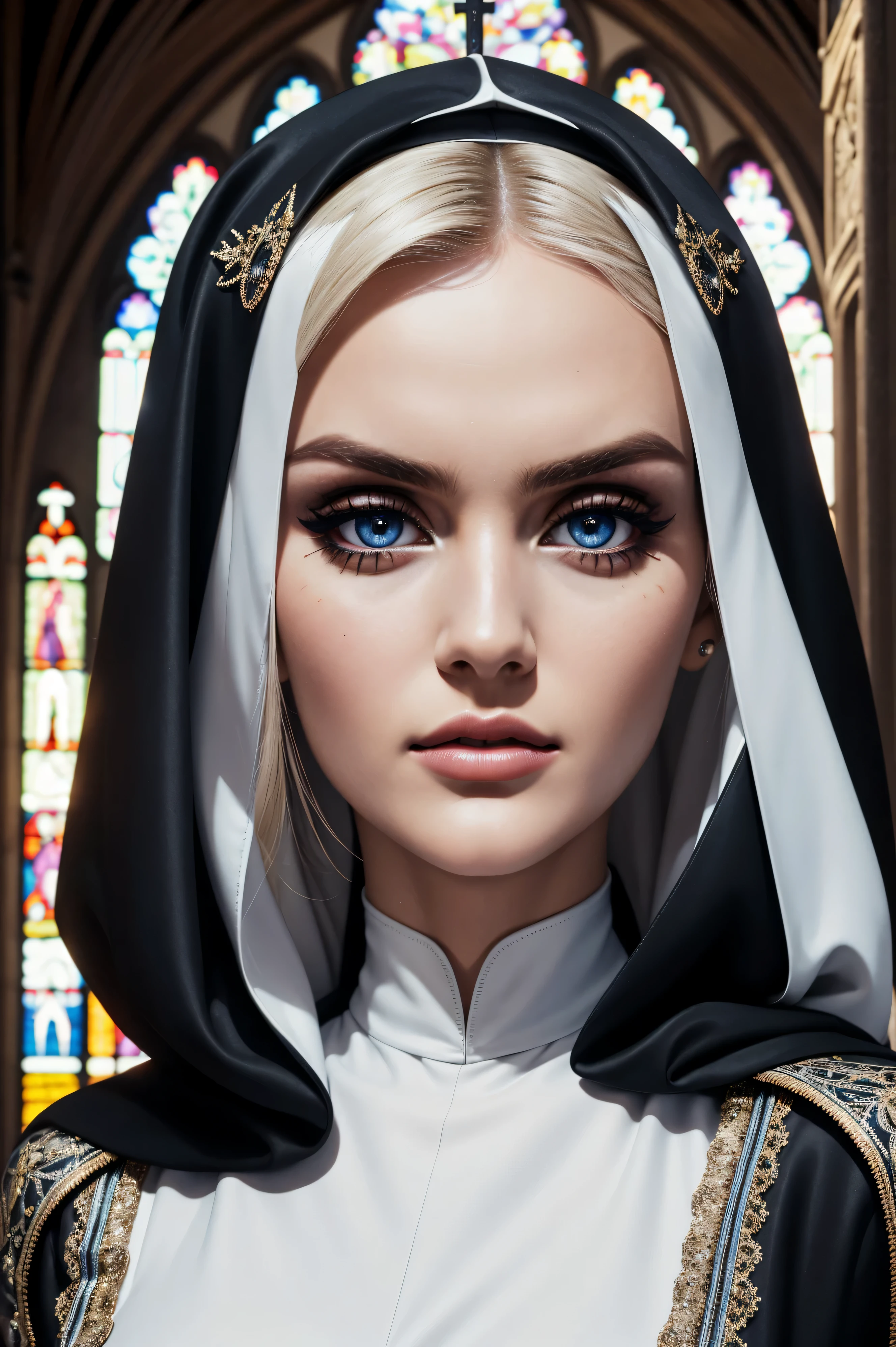 Perrie Edwards, wearing nun sexy clothes. professionally retouched, soft lighting, realistic, smooth face, perfect eyes, sharp focus on eyes, 8 k, high definition, insanely detailed, intricate, elegant. in a church background.