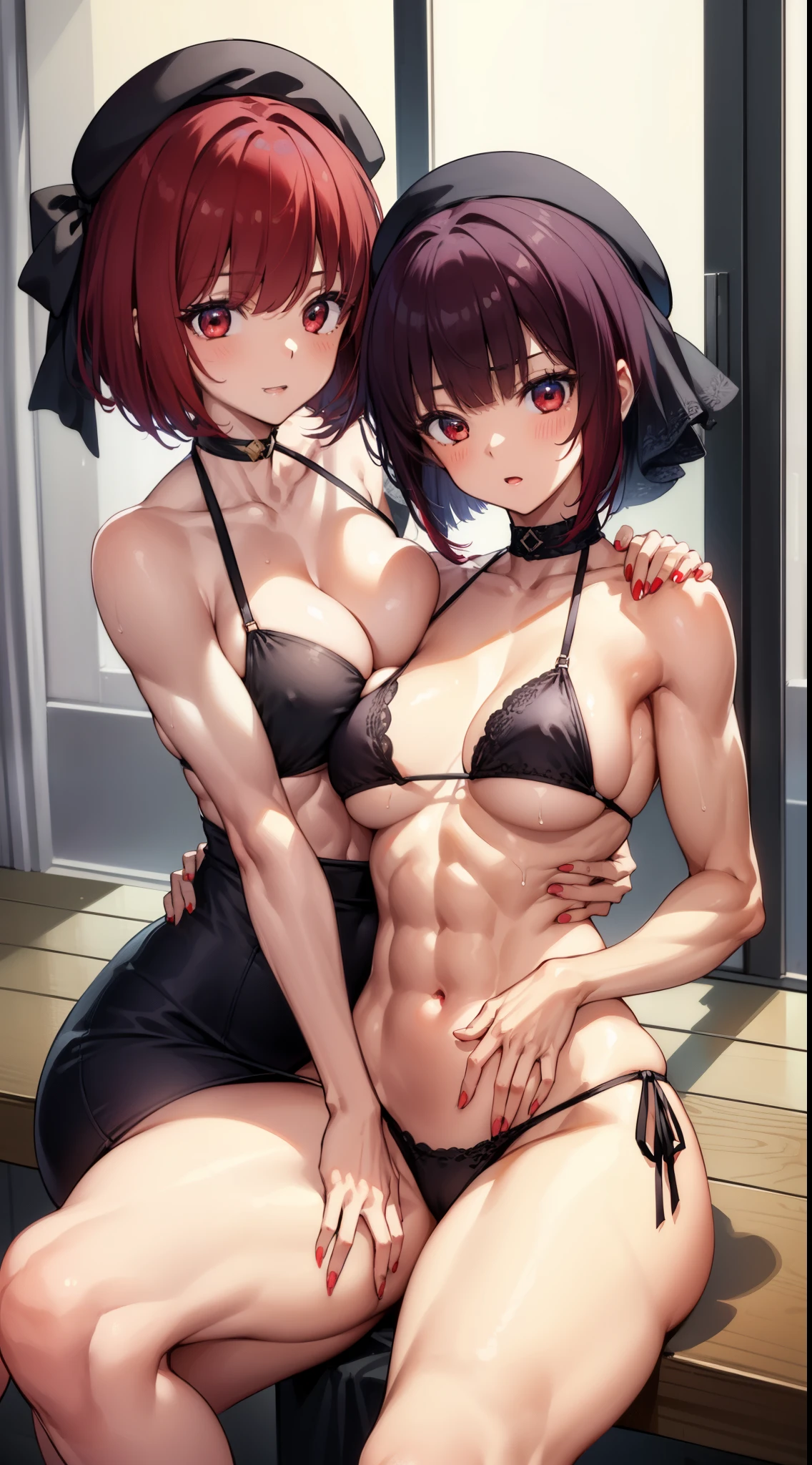 (((2 girl))), Kana Arima, bob cut, (red eyes: 1.5), red hair, short hair,
BREAK beret, (Wearing a very sexy and short bikini), hat, (muscular belly), wide hips, thin waist, (sitting on the girl's lap), wearing black high-heeled shoes, (((sitting on the girl's lap) )), {{{full body photo}}}, screaming with excitement, all wet,
BREAK looking at the viewer,
Break-in at home, classroom,
break (masterpiece: 1.2), best quality, highest resolution, Unity 8k wallpaper, (插圖: 0.8), (beautiful detailed eyes: 1.6), Extremely detailed face, perfect lighting, extremely detailed CG, {{{hands perfect, perfect anatomy}}}, red nails