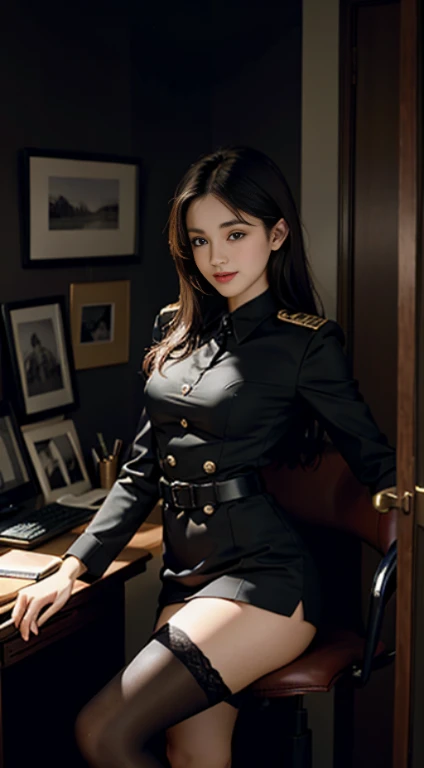 Best Quality, Full Body Portrait, Cinematic Texture Shot, Exquisite Face, Beautiful Face, 20 Year Old Woman, Smiling, Slim Figure, Small Bust, OL Uniform, Office Wear, Black Stockings, Interior Scene, Office, Seated