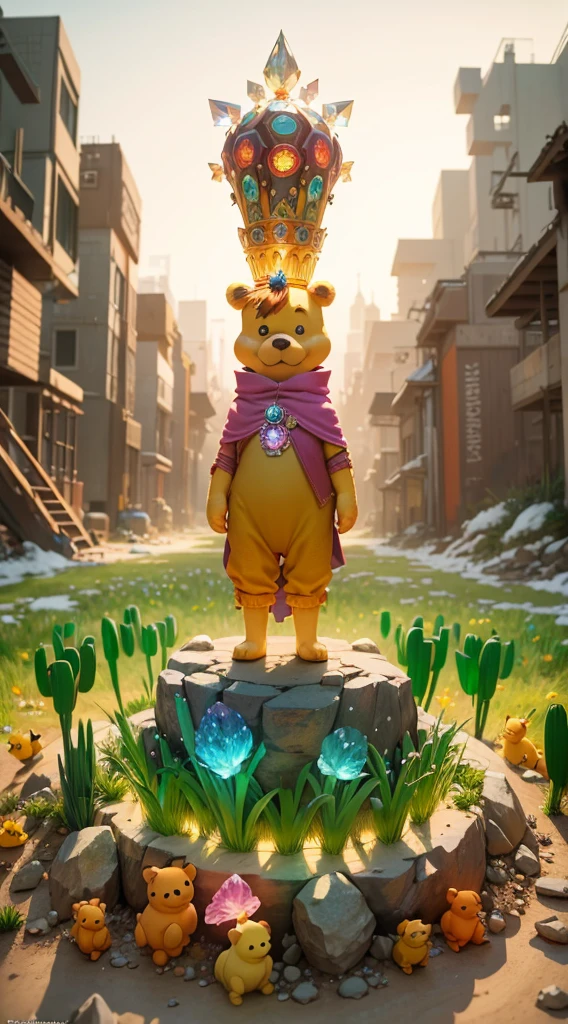 background:cyberpunk，angry Winnie the Pooh stands in the middle with a crown on his head, surrounded by many kneeling leeks，scary Winnie the Pooh with a crown on his head standing in the leek field，fairy wolrd，snow forest and colorfull mushroom，galaxy sky，lighting colorfull butterfly，big moon，blue river，Sakura，more followers，4K, wonderful art beautiful minerals, Rainbow crystals, ultra - detailed,  Light up colorful diamonds，jewely，crystal，shine，metallic  luster，Glaze color，incredible lighting, ultra - detailed, 8K, Unreal Engine5, a 3D render
