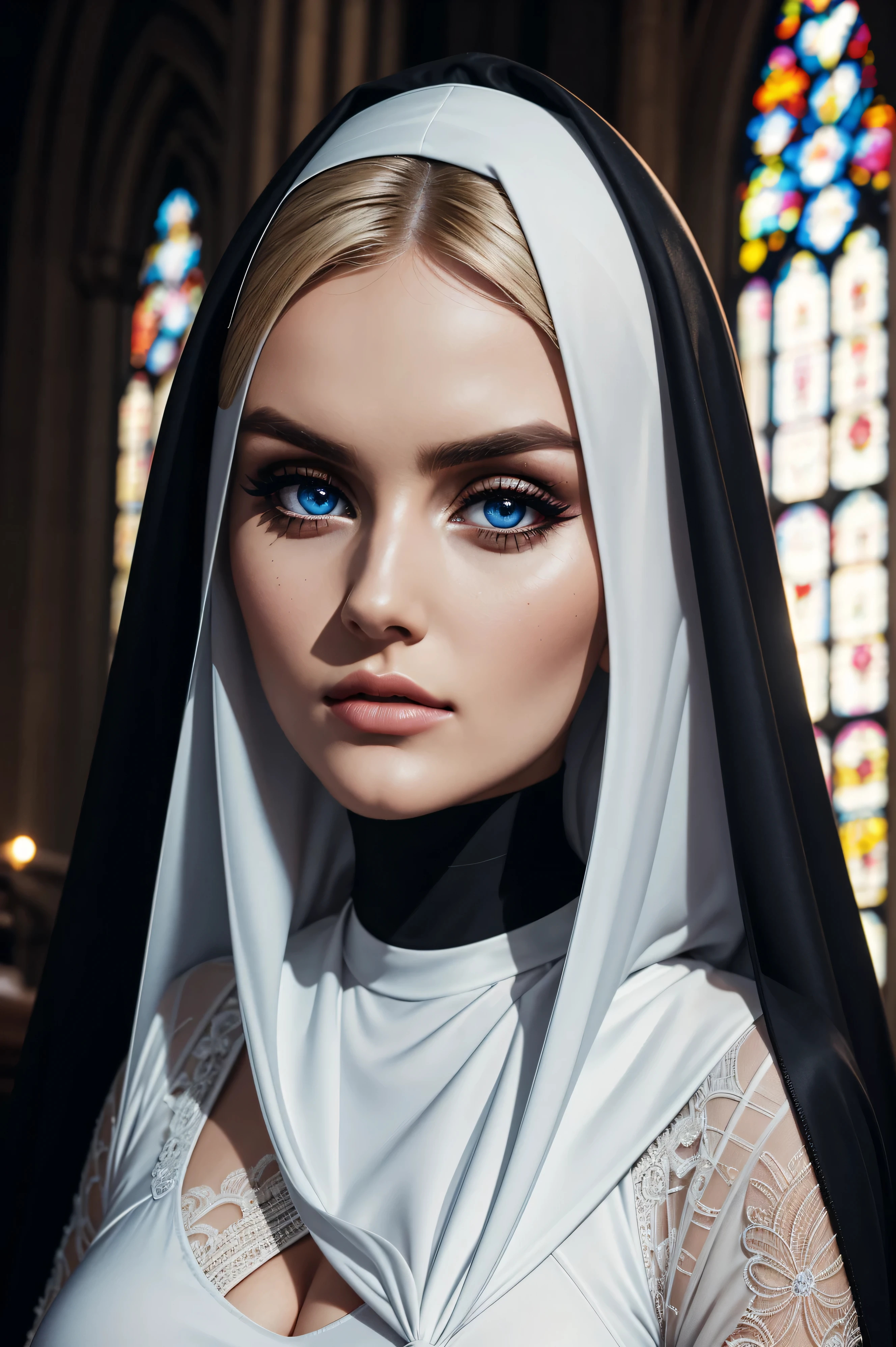 Perrie Edwards, wearing nun sexy clothes. professionally retouched, soft lighting, realistic, smooth face, perfect eyes, sharp focus on eyes, 8 k, high definition, insanely detailed, intricate, elegant. in a church background.