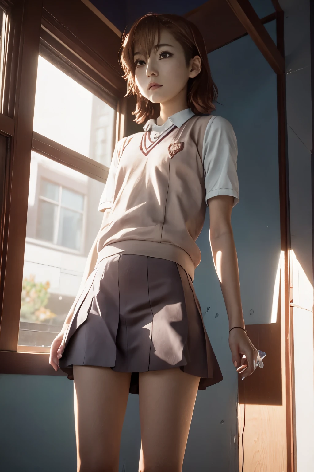 anime girl in school uniform standing in front of a window, smooth anime cg art, makoto shinkai. digital render, anime. soft lighting, standing near a window, anime visual of a cute girl, painted in anime painter studio, attractive anime girl, clean detailed anime art, young anime girl, makoto shinkai style, beautiful anime high school girl，Misaka Mikoto，with short golden hair，Short hair，JK school uniform