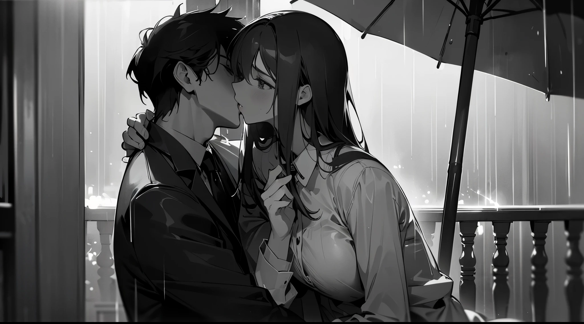 (large,high resolution,fine art,romantic),detailed man and girl kissing(kissing in the rain,gentle,passionate kiss),intense love,pleasure,embrace,great longing,(film noir,black and white),soft lighting,emotional connection,love story,tender moment,romantic atmosphere