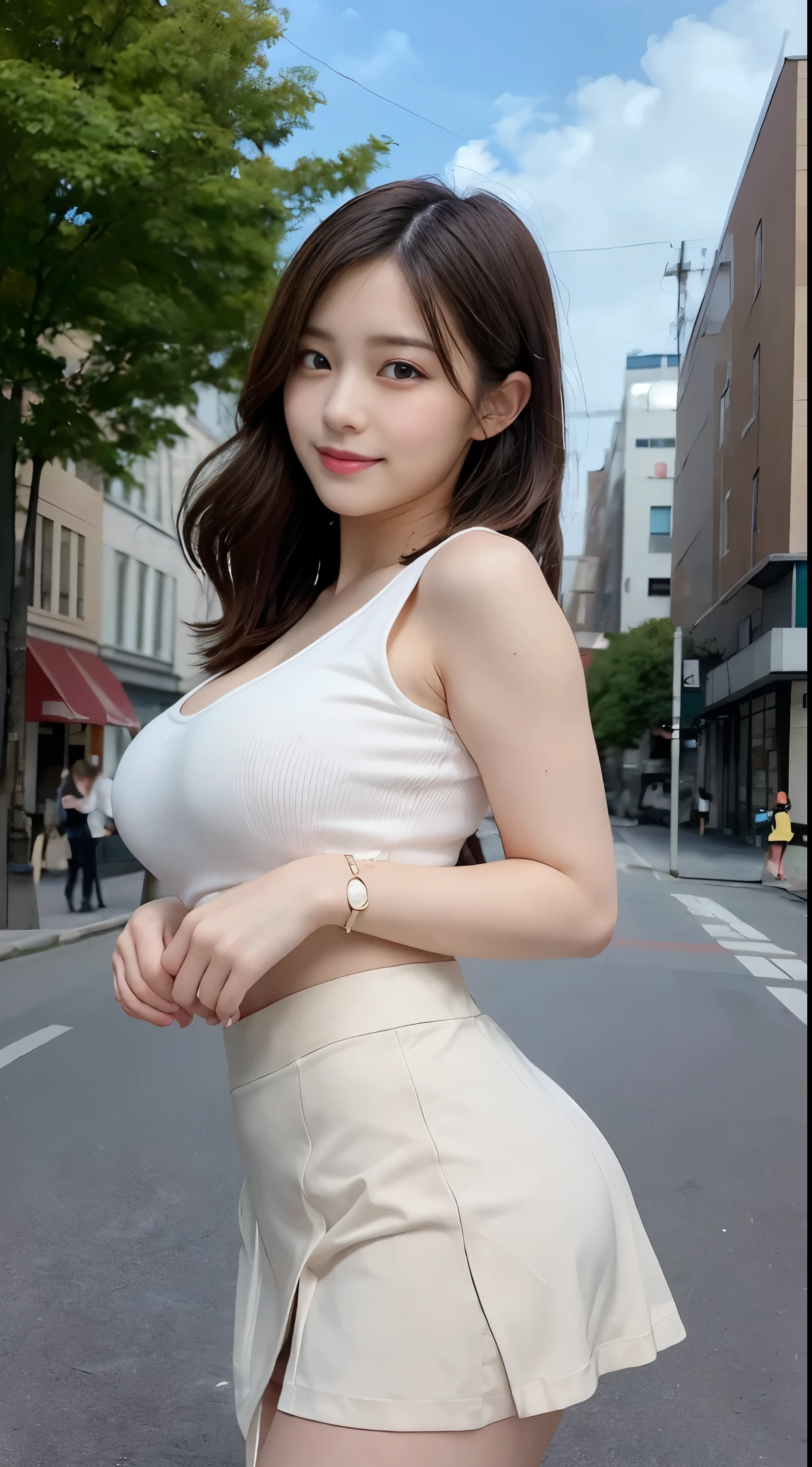 top-quality, ​masterpiece, 8K, 超A high resolution, (Photorealsitic:1.4), 1girl in、Beautiful expression、symmetrical eye、Colossal tits、Perfect body proportion、OL Costume、Unbutton the chest、a miniskirt、A smile、Look at viewers、(the city street:1.2)、long legged(1.3)、