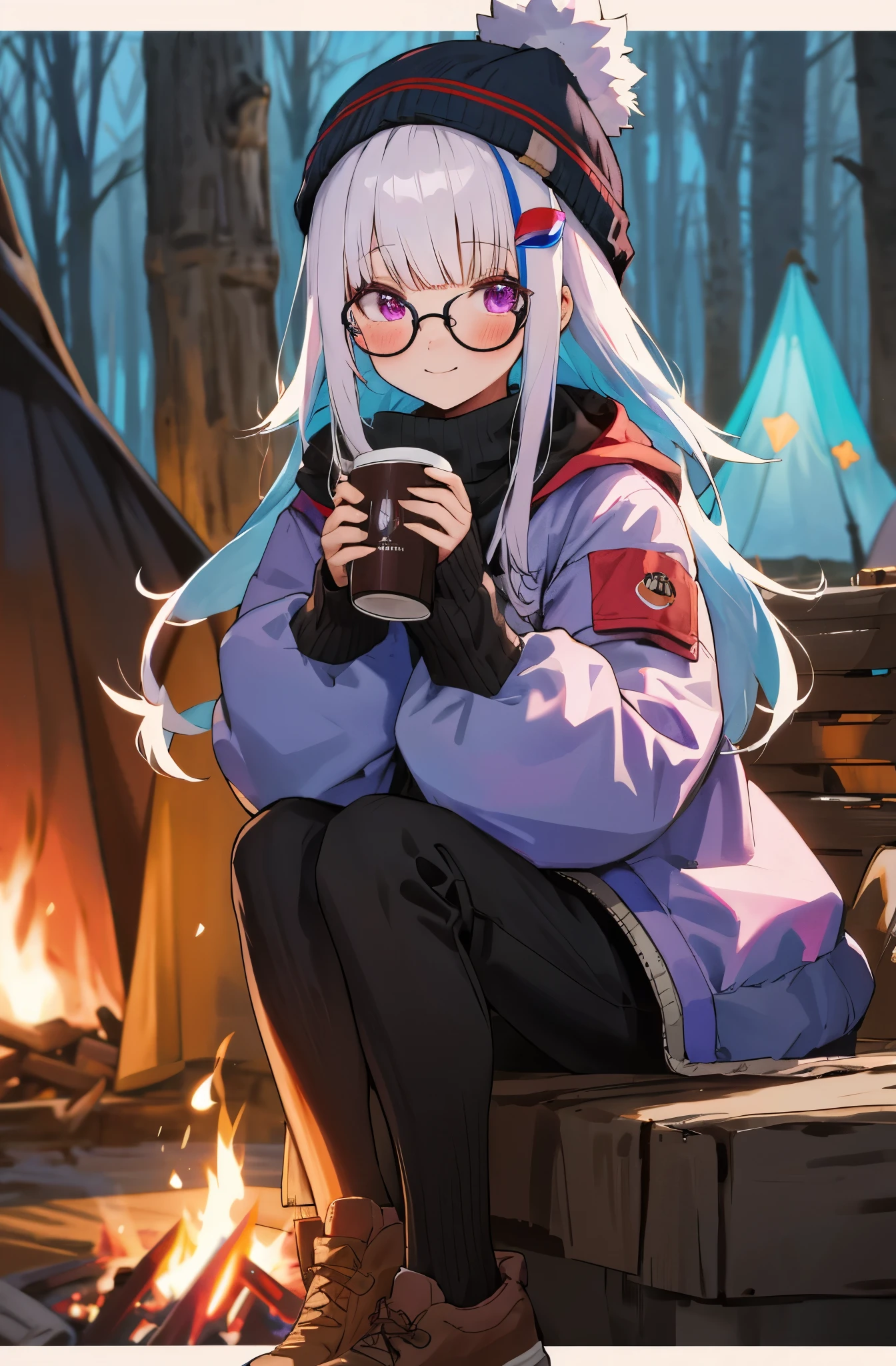 One girl with long hair, bangs, white hair, blue inner hair:1.25) , purple eyes, looking at viewer, blushing, little smile, puffer jacket, tight pants, beanie, glasses, indoor, outdoor, forrest, tree, camping, camp, bonfire, dizzy, mid-chest, night atmosphere, hair ornament, sitting, holding a cup with hot chocolate
