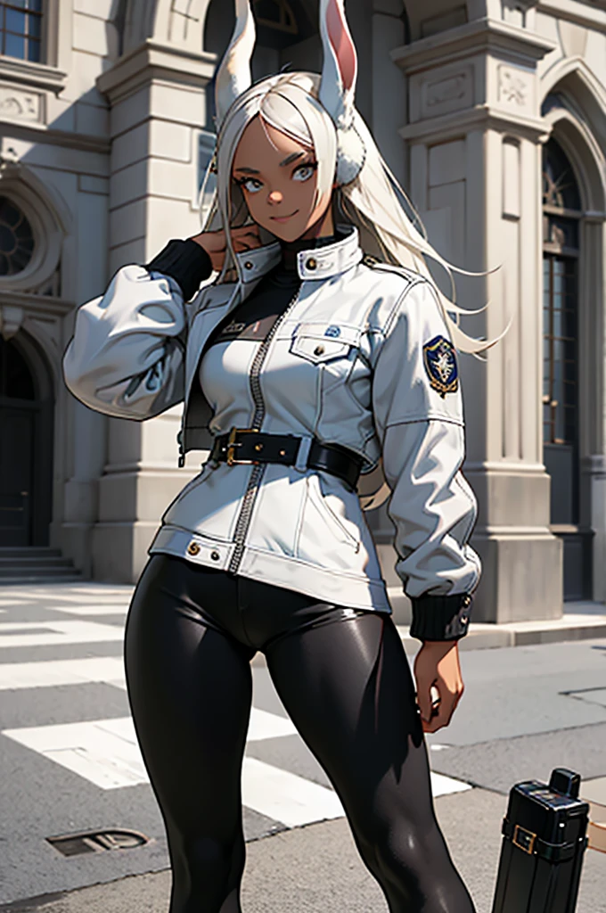 beautiful young female warrior fighter with rabbit ears on her head, com rosto bem detalhado e bonito, belos olhos, belos olhos, rosto lindo, beautiful young woman wearing long leggings with black details, usando mini saia curta, usando jaqueta de couro preta, standing in a castle, usando bota preta, cabelo comprido branco, ,orelhas de coelho, belo sorriso, tomboy, um pouco musculosa,suter branco com cinta em volta, olhar serio,usando jaqueta de couro , leather jacket