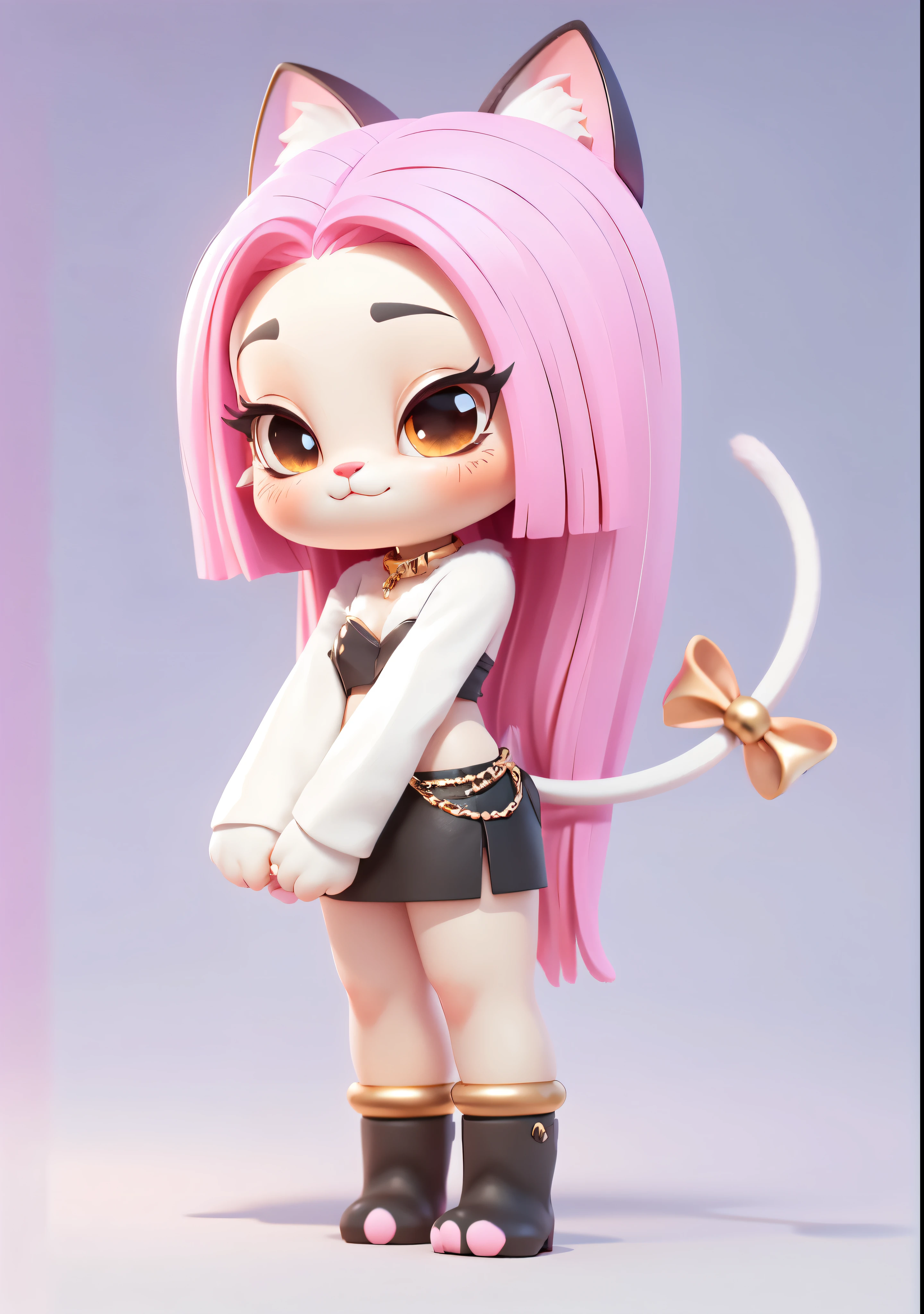 1个Giant Breast Girl, Animal ear, bell, blue backdrop, catss, catss ears, catss girl, catss coda, hairy pubic, hairy pubic female, gradient backgrounds, with pink hair, Alone, coda, coda bell, coda bow, coda ornament, coda ribbon, yellow-eyed,Gray tattoo,black short skirt,Black bootine gold chain accessories,anime figure, cute big breasts, tchibi, perfect litthing,Best quality at best, Original, extremely decodaed, (extremely decodaed: 1.2), 3D hair styling, Blander, octaneratingrendering, popular toys, blindbox,((Black leather bandeau and skirt,The skirt has exquisite metal accessories,Hairy hands like catss paws))