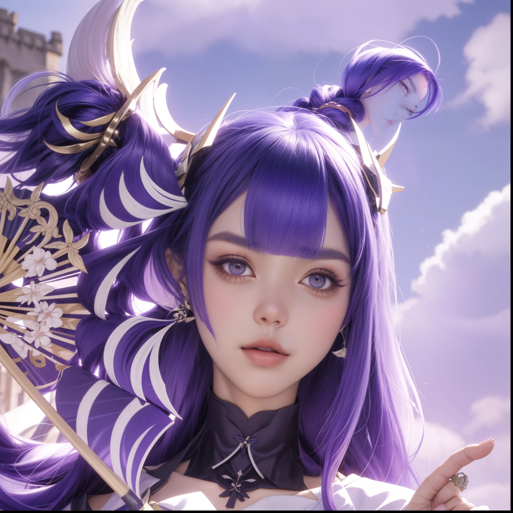 Unreal Engine 5 Realistic Rendering, ((retrato:1.2)), RaidenShogun, roupas detalhadas, roupas brancas, franja contundente, pigtail, (Seios enormes:1.1), clivagem, quimono de manga larga, ornamento de cabelo, Roupas japonesas brancas, (obi vermelho:1.4), (cabelo roxo:1.4), cabelos muito longos, Cabelos lisos, Rosto detalhado, cara fria, (queixo liso:0.85), boca fechada, long eyelashes, sharp eyes, Olhando para o Viewer, Olhos bonitos, Olhos detalhados, sobrancelhas grossas, sombra vermelha, simetria dos olhos, (ULZZANG-6500:0.7), saia, (de baixo:1.1), (Castelo de Quioto:1.4), Figura completa, (Telhado:1.5), (estrela \(heaven\):1.hoton maping, Physically-based rendering, Foto RAW, Antecedentes altamente detalhados, alta resolução, perspectiva, beautiful face, top body is hyper realistic thicc muscle and hyper largest_seios!! com o tipo de peitoelons, lower is huge buttocks, corpo brilhante molhado, (((hand fan)))