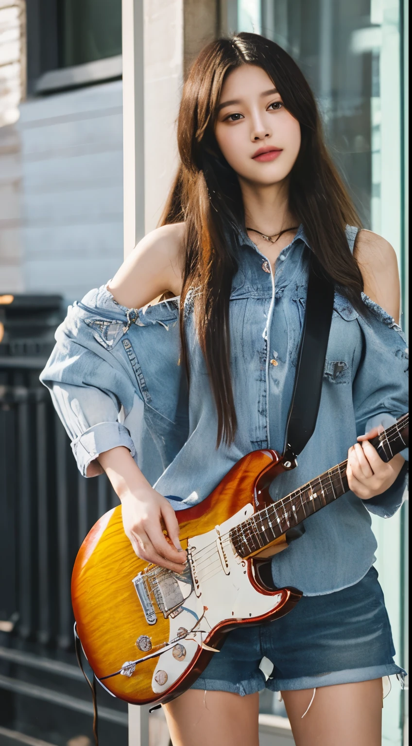 photo shot　Leather Jean　hotpants　plays the electric guitar　Beautie