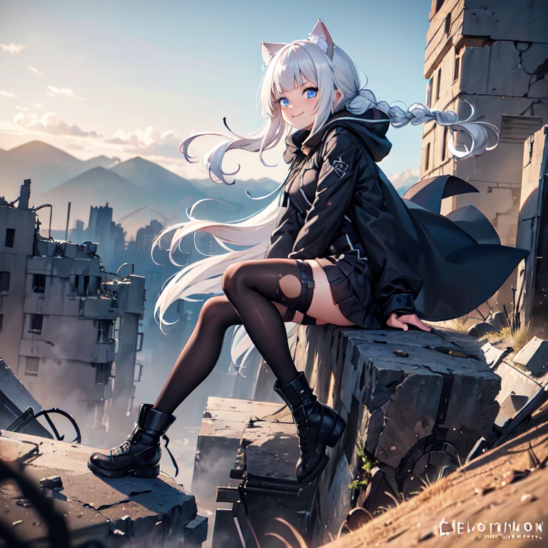 masterpiece, best quality, 1girl, hood up, cat-ear hood, white hair, blue eyes, french braid, blunt bangs, military black wear, apocalyptic world, ruined city, wilderness, high ground, wind, dynamic angle and pose, smile,