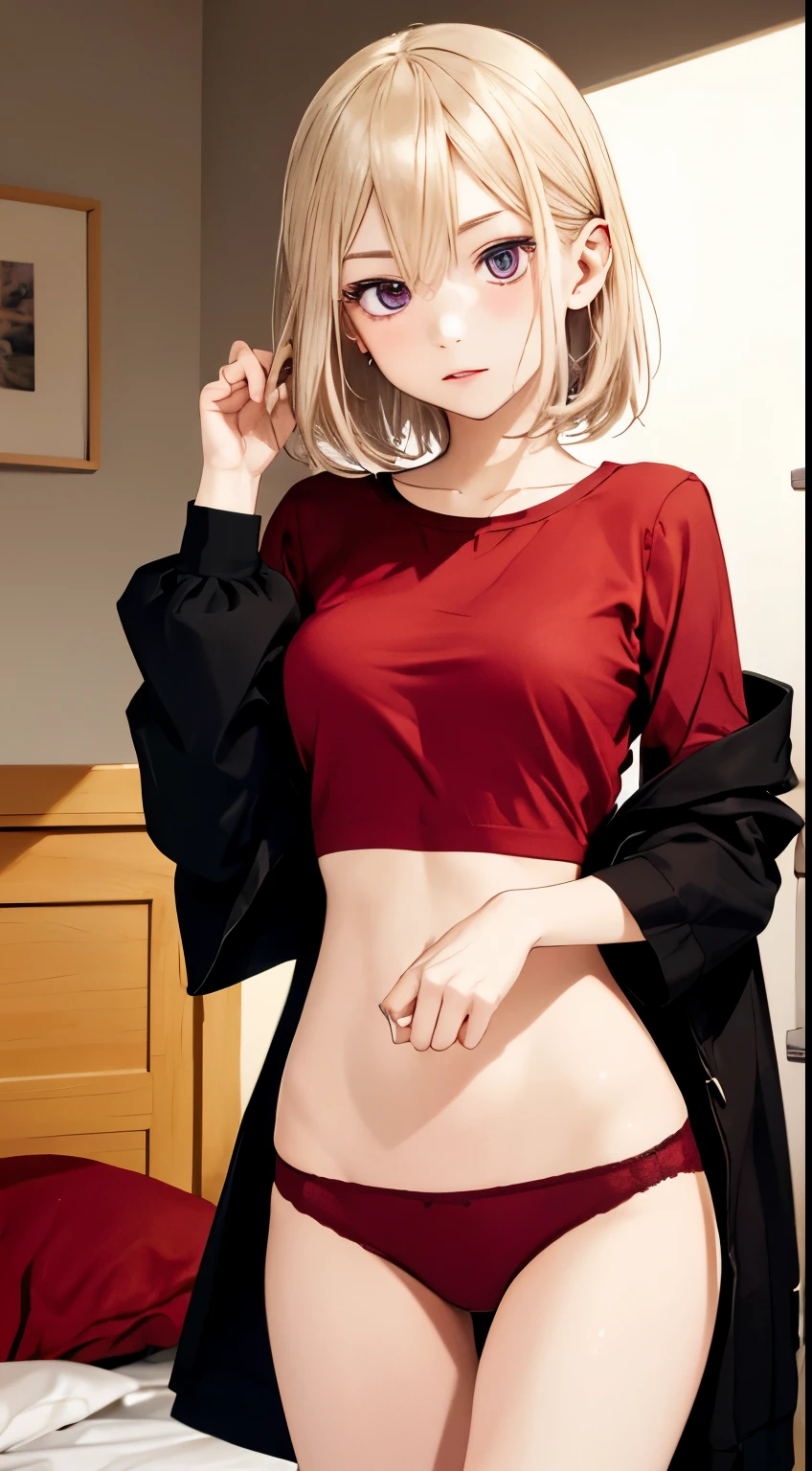 (masterpiece、top-quality、absurderes:1.3)、illustratio、Medium bob、(pov hand)、grabbing on breasts、 s、Write、The upper part of the body、shorth hair、Loose red shirt、a bed、Perfect human body