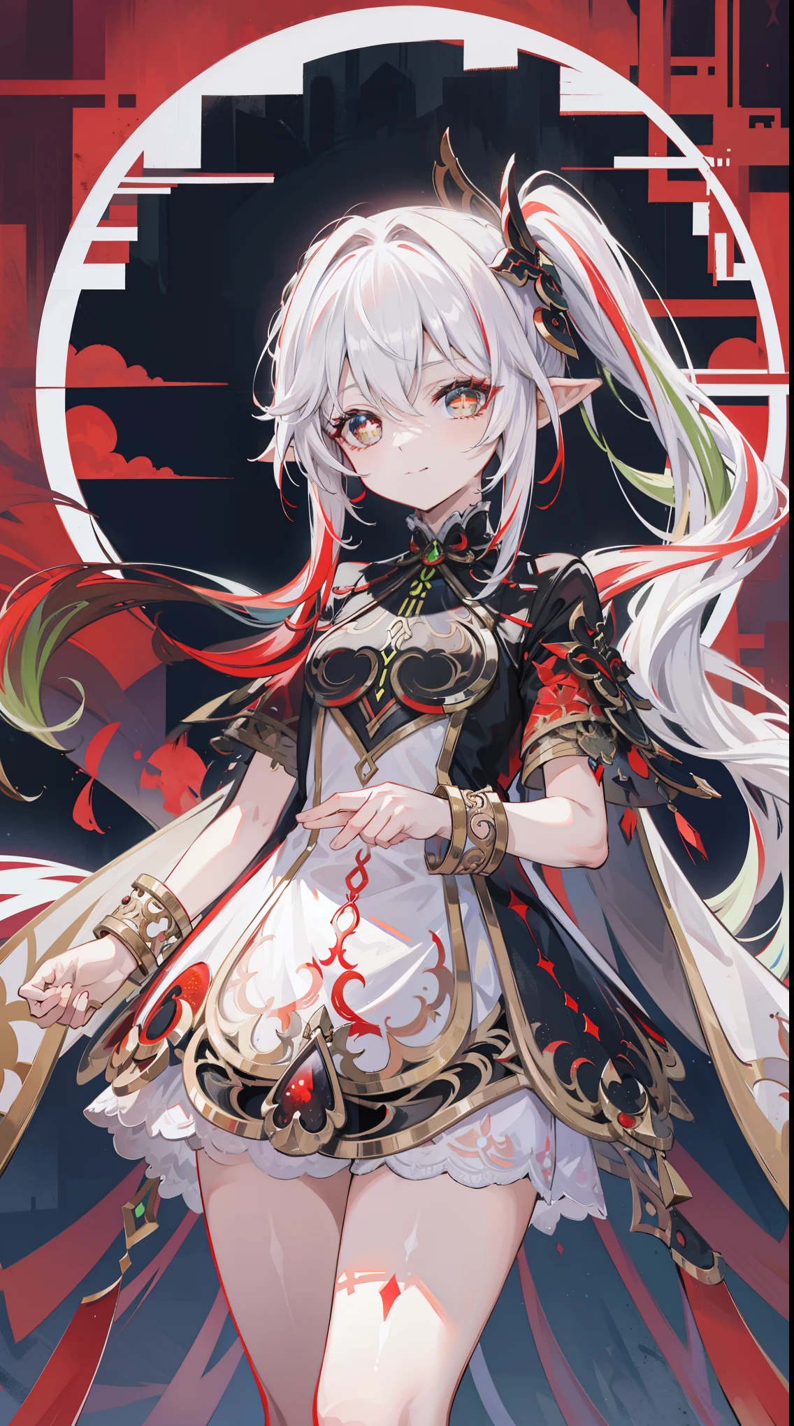 Nahida_Genshin Impact,(White-red gradient hair),Cross pupil,default_a skirt,bloods red cloak,simplebackground,bloods Moon,The breath of death,Cold and powerful divinity,There is a sense of majesty,starrysky,demonic smile,blue tint,Red decorative pattern,Red style,bloods