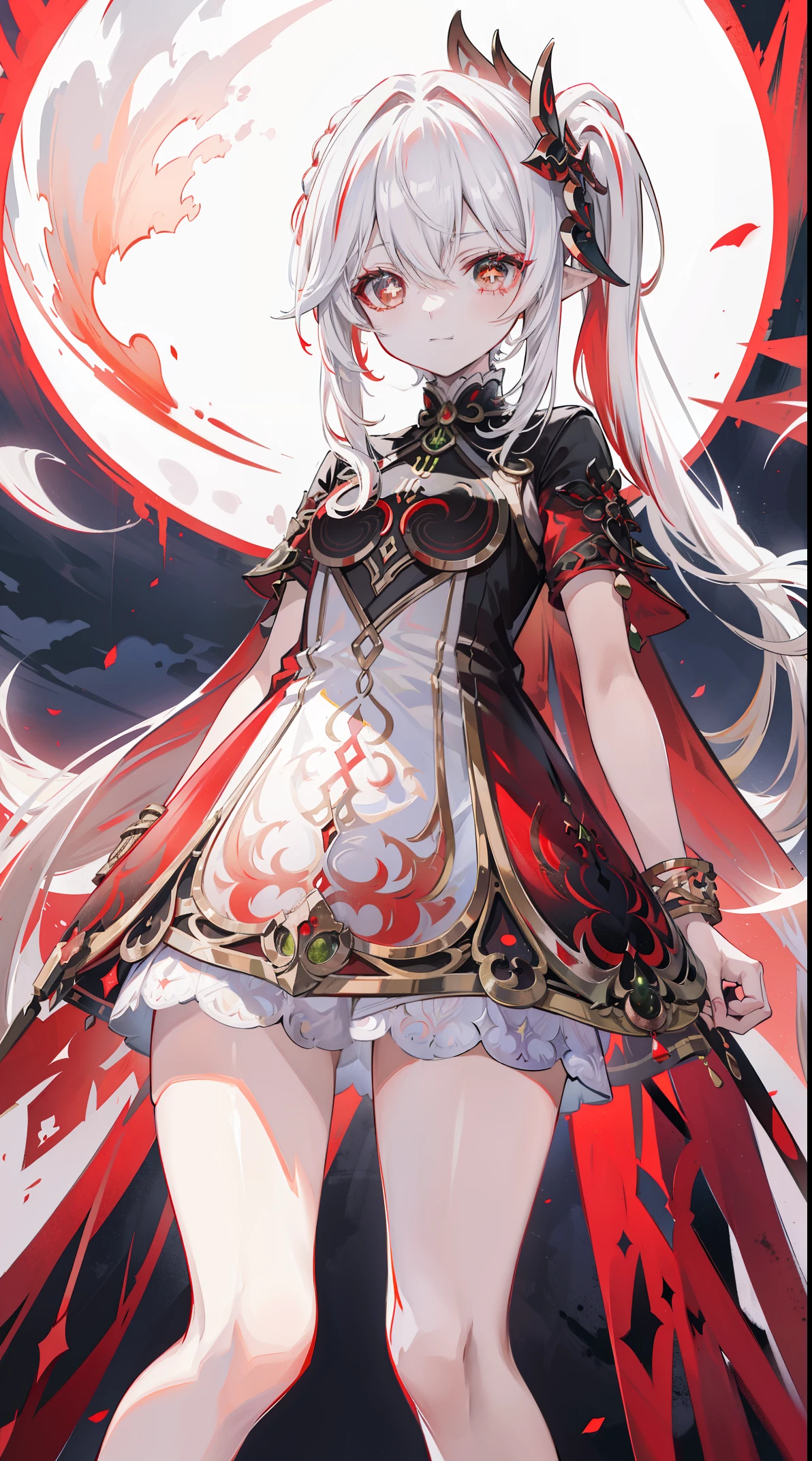 Nahida_Genshin Impact,(White-red gradient hair),Cross pupil,default_a skirt,bloods red cloak,simplebackground，bloods Moon，The breath of death，Cold and powerful divinity，There is a sense of majesty,starrysky，demonic smile，blue tint，Red decorative pattern，Red style，bloods