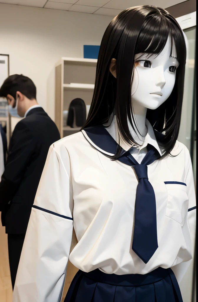 white mannequin The color of the face is pure white skin color is pure white brown school uniform Black straight hair Facing the front