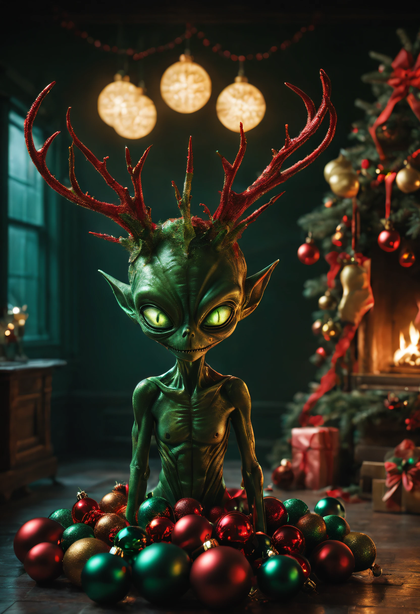 (best quality,4k,highres,masterpiece:1.2),ultra-detailed,(realistic,photorealistic,photo-realistic:1.37),HDR,UHD,studio lighting,physically-based rendering,professional,vivid colors,bokeh,horror,murderous. An alien with bright glowing eyes and a sinister smile, with scaly green skin, is carefully examining a beautifully decorated Christmas tree. The tree is adorned with colorful ornaments and twinkling lights, casting a warm glow in the room. The alien's long, thin fingers reach out to touch the delicate glass baubles, showing its curiosity about this holiday tradition. Underneath the tree, there are unsettling details that hint at a dark presence. Dead bodies lay lifeless, their limbs contorted in positions of agony. Blood stains the floor beneath them, creating a chilling contrast against the festive decorations. The gifts that were once meant to bring joy now serve as a stark reminder of the horror that surrounds them. The blood smear on the wall adds to the macabre scene, as if the violent act had just taken place. The combination of festive elements and gruesome imagery creates an eerie juxtaposition, intensifying the feeling of horror. The image quality is of the highest standards, with every detail meticulously captured. The colors are vivid and rich, enhancing the overall impact. The lighting is carefully designed to create a dramatic atmosphere, with shadows adding depth to the composition. This prompt captures the essence of a horror scene, with an alien intruder exploring a Christmas setting tainted by violence and death. The clash between the cheerful holiday decorations and the horrifying elements creates a chilling and memorable image.
