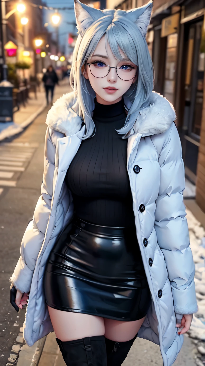 Masterpiece, beautiful art, professional artist, 8k, art style by sciamano240, very detailed face, detailed hair, detailed clothes, detailed fabric, 1girl, perfectly drawn body, beautiful face, long hair, light blue hair , very detailed blue cat eyes, wide smile, wearing trendy winter clothes , winter coat,black thigh boots, black pencil skirt, glasses, wearing gloves, pouty lips , rosey cheeks, evening winter setting, , show details in eyes, upclose view, looking at viewer, walking on sidewalk, purse on shoulder,