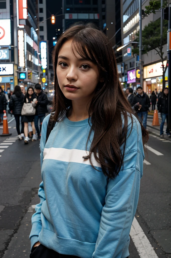 arafed woman in tokyo, on the road on shibuya, Portrait Sophie Mudd, Magnifique sweat shirt, a lot of person behind, joli short bleue