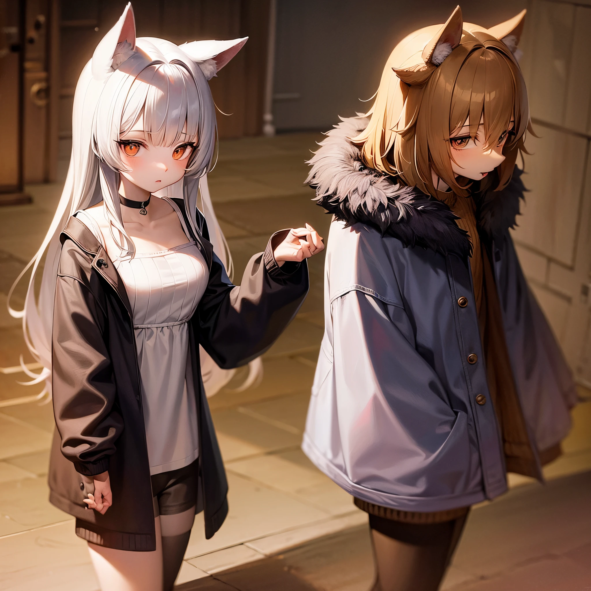 Wolf, furry ears, man&#39;s daughter, dull clothes, standing picture