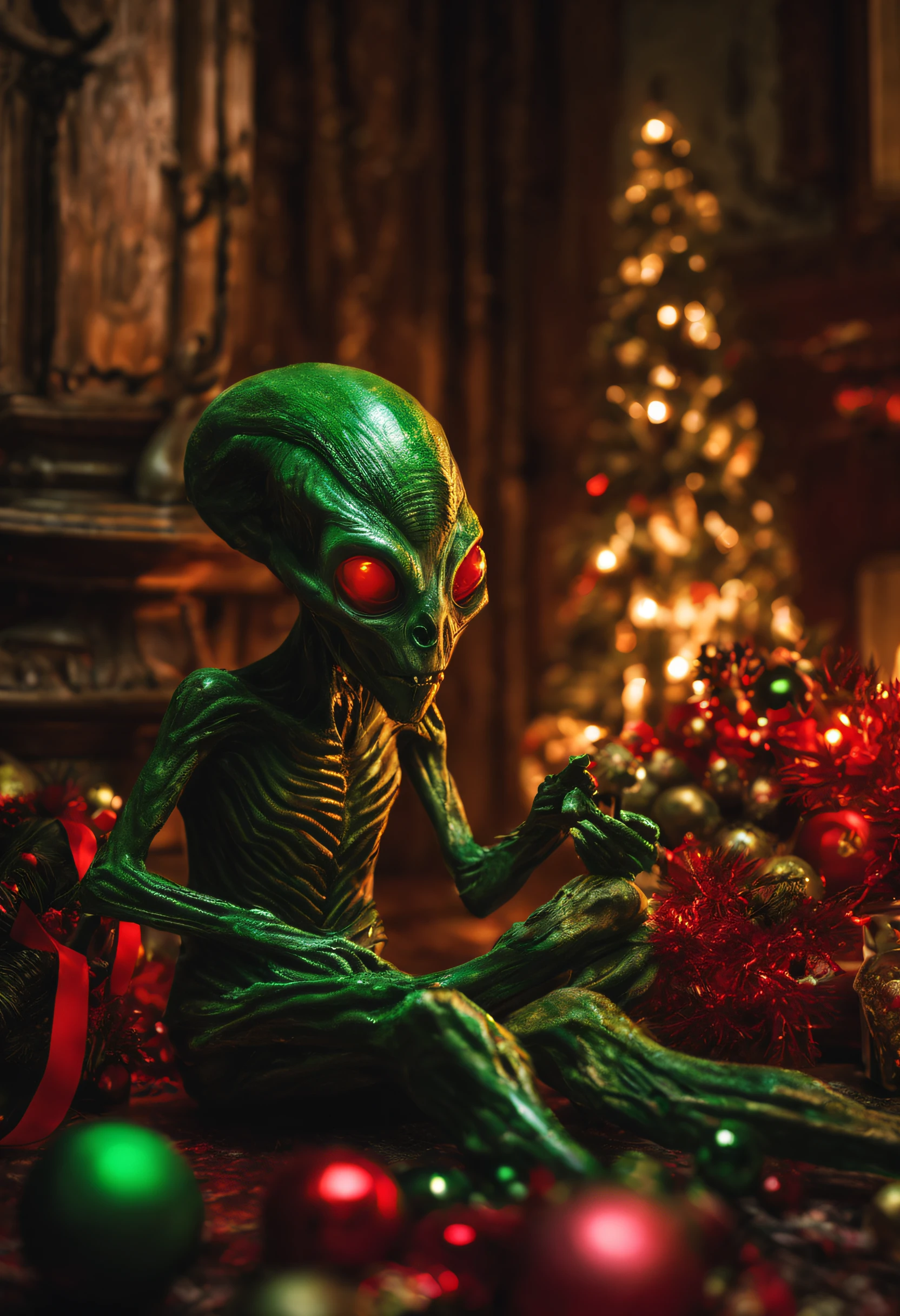 (best quality,4k,highres,masterpiece:1.2),ultra-detailed,(realistic,photorealistic,photo-realistic:1.37),HDR,UHD,studio lighting,physically-based rendering,professional,vivid colors,bokeh,horror,murderous. An alien with bright glowing eyes and a sinister smile, with scaly green skin, is carefully examining a beautifully decorated Christmas tree. The tree is adorned with colorful ornaments and twinkling lights, casting a warm glow in the room. The alien's long, thin fingers reach out to touch the delicate glass baubles, showing its curiosity about this holiday tradition. Underneath the tree, there are unsettling details that hint at a dark presence. Dead bodies lay lifeless, their limbs contorted in positions of agony. Blood stains the floor beneath them, creating a chilling contrast against the festive decorations. The gifts that were once meant to bring joy now serve as a stark reminder of the horror that surrounds them. The blood smear on the wall adds to the macabre scene, as if the violent act had just taken place. The combination of festive elements and gruesome imagery creates an eerie juxtaposition, intensifying the feeling of horror. The image quality is of the highest standards, with every detail meticulously captured. The colors are vivid and rich, enhancing the overall impact. The lighting is carefully designed to create a dramatic atmosphere, with shadows adding depth to the composition. This prompt captures the essence of a horror scene, with an alien intruder exploring a Christmas setting tainted by violence and death. The clash between the cheerful holiday decorations and the horrifying elements creates a chilling and memorable image.