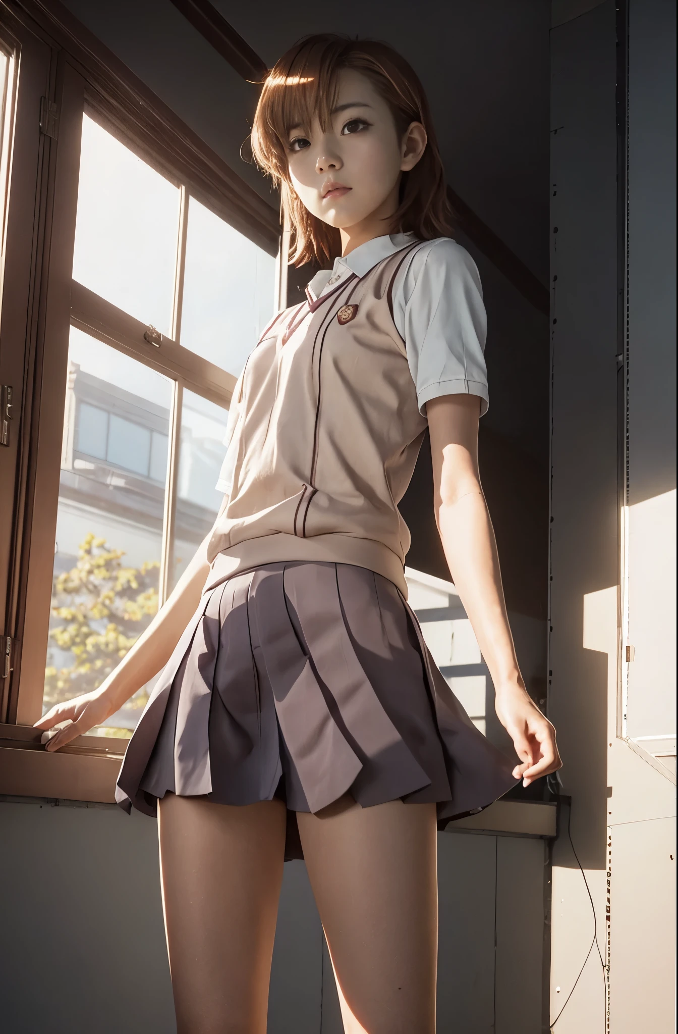 anime girl in school uniform standing in front of a window, smooth anime cg art, makoto shinkai. digital render, anime. soft lighting, standing near a window, anime visual of a cute girl, painted in anime painter studio, attractive anime girl, clean detailed anime art, young anime girl, makoto shinkai style, beautiful anime high school girl，Misaka Mikoto，with short golden hair，Short hair，JK school uniform，Misaka Mikoto，with short golden hair，Short hair，JK school uniform