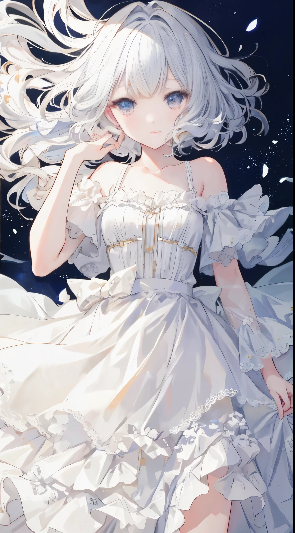 Extremely delicate and beautiful CG illustration,The best quality,lots of resolution,dynamic angle,full lenght shot,(1girll),Eyes and straight white hair,afloat,the soft light,high key lighting)