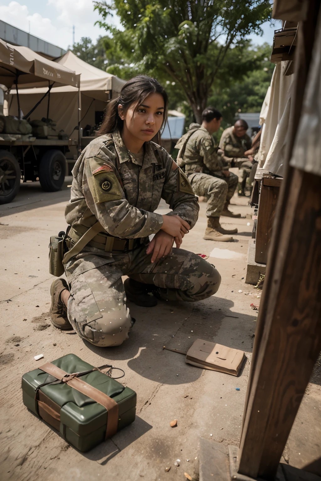 **Scene: Preparation yard - afternoon**
     - Description: A gathering of army personnel preparing weapons and equipment in preparation for battle.
     - Characters: Character 2 (motivated), preparing army personnel