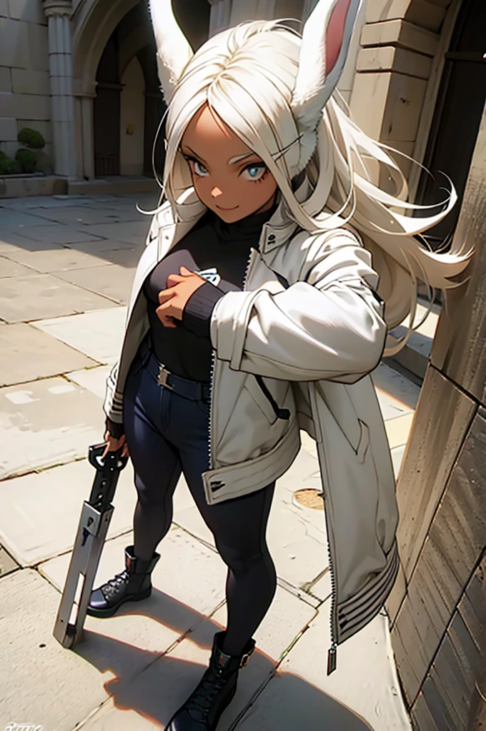 beautiful young warrior with bunny ears on her head, com rosto bem detalhado e bonito, belos olhos, belos olhos, rosto lindo, mulher jovem e bonita vestindo leggings longas com detalhes pretos, usando mini saia curta, usando jaqueta de couro preta, Standing in a castle, usando bota preta, cabelo comprido branco, ,orelhas de coelho, belo sorriso, Tomboy, um pouco musculoso,suter branco com cinta em volta, olhar serio,usando jaqueta de couro , leather jacket