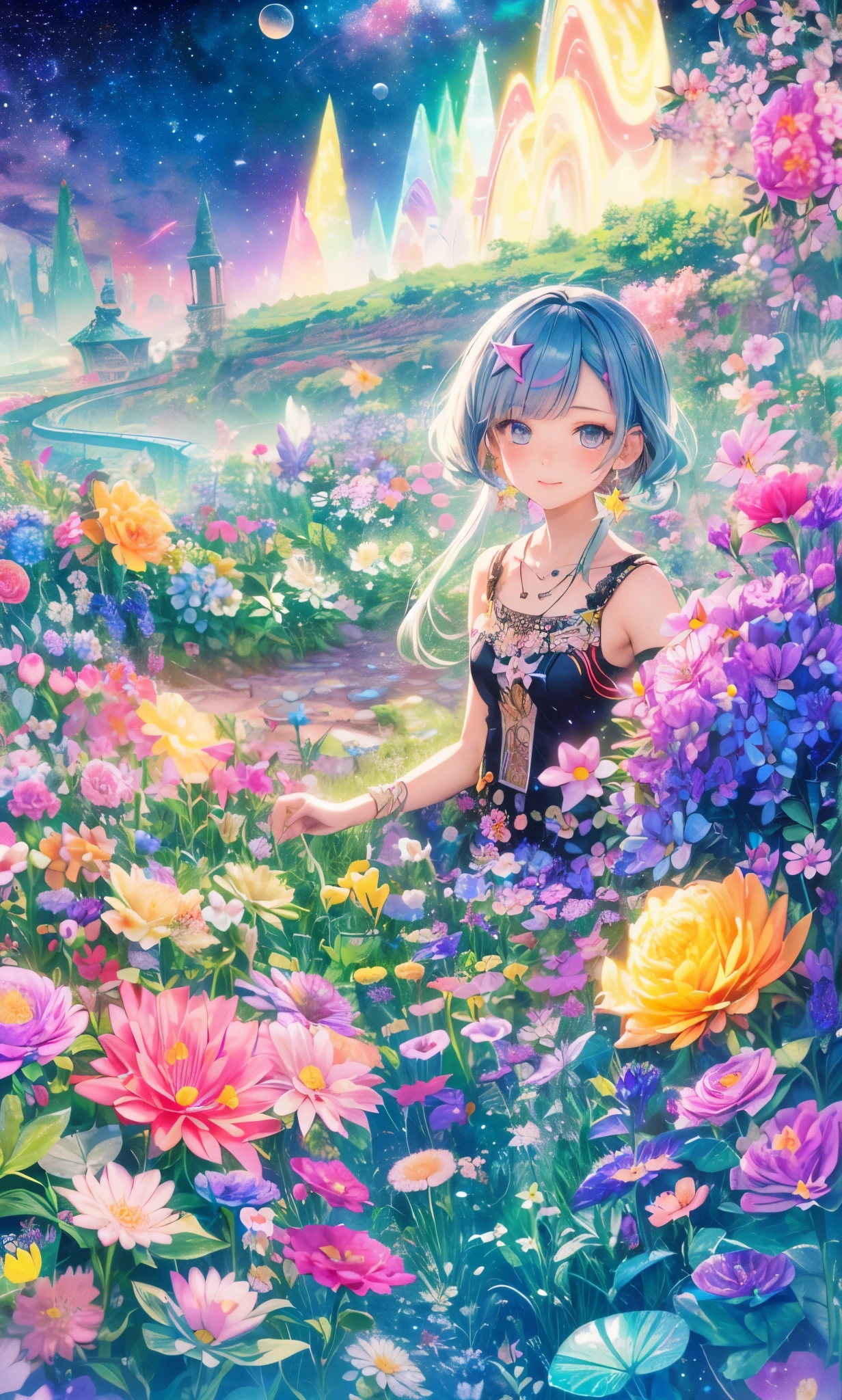 Melody Mark,top-quality、masutepiece、1womanl、独奏、(abstract art:1.4),(Psychedelia Theme:1.6),(Gunjo World:1.5),(Lots of creatures:1.5),(Space world:1.5),(At the center of the world is the most beautiful woman in the world),(many stars are falling:1.5),A ray of light spreads,Crystals spreading from the center,prisma(Nostalgic landscapes:1.5),(colorful flower:1.5),Garden Girl,absurderes, ultra-detailliert,bright colour, extremely beautiful detailed anime face and eyes,Short hair,asymmetrical bangs, Blonde hair with short twin tails, Shiny hair, Delicate beautiful face, red blush、Blue eyes, White skin, hair clips, earrings, a necklace,