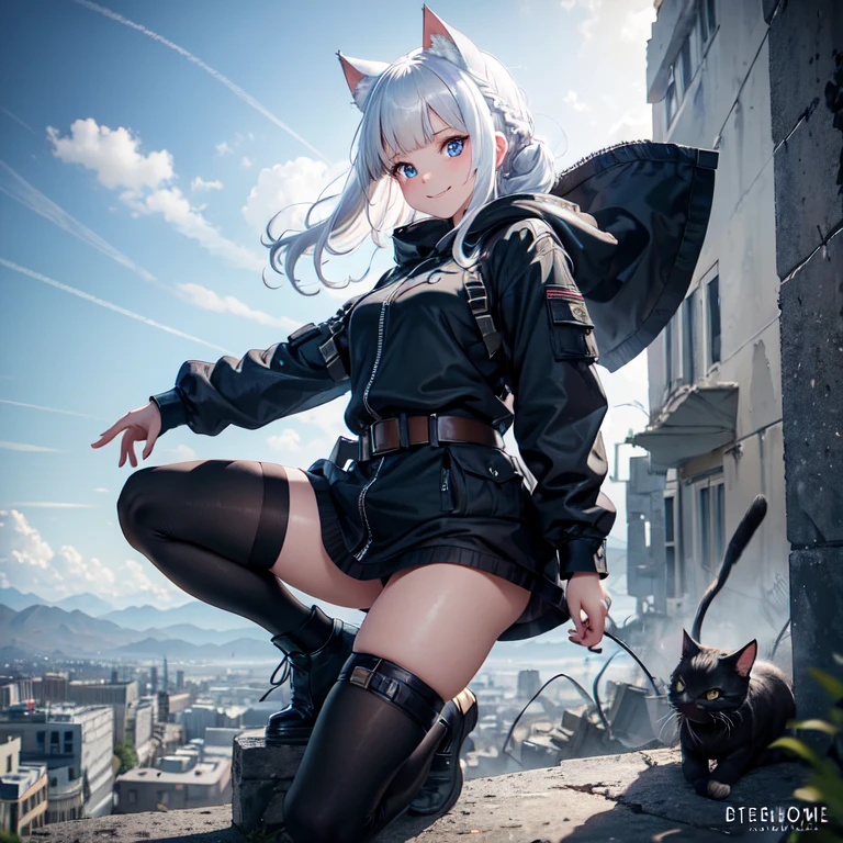 masterpiece, best quality, 1girl, hood up, cat-ear hood, white hair, blue eyes, french braid, blunt bangs, military black wear, apocalyptic world, ruined city, wilderness, high ground, wind, dynamic angle and pose, smile,