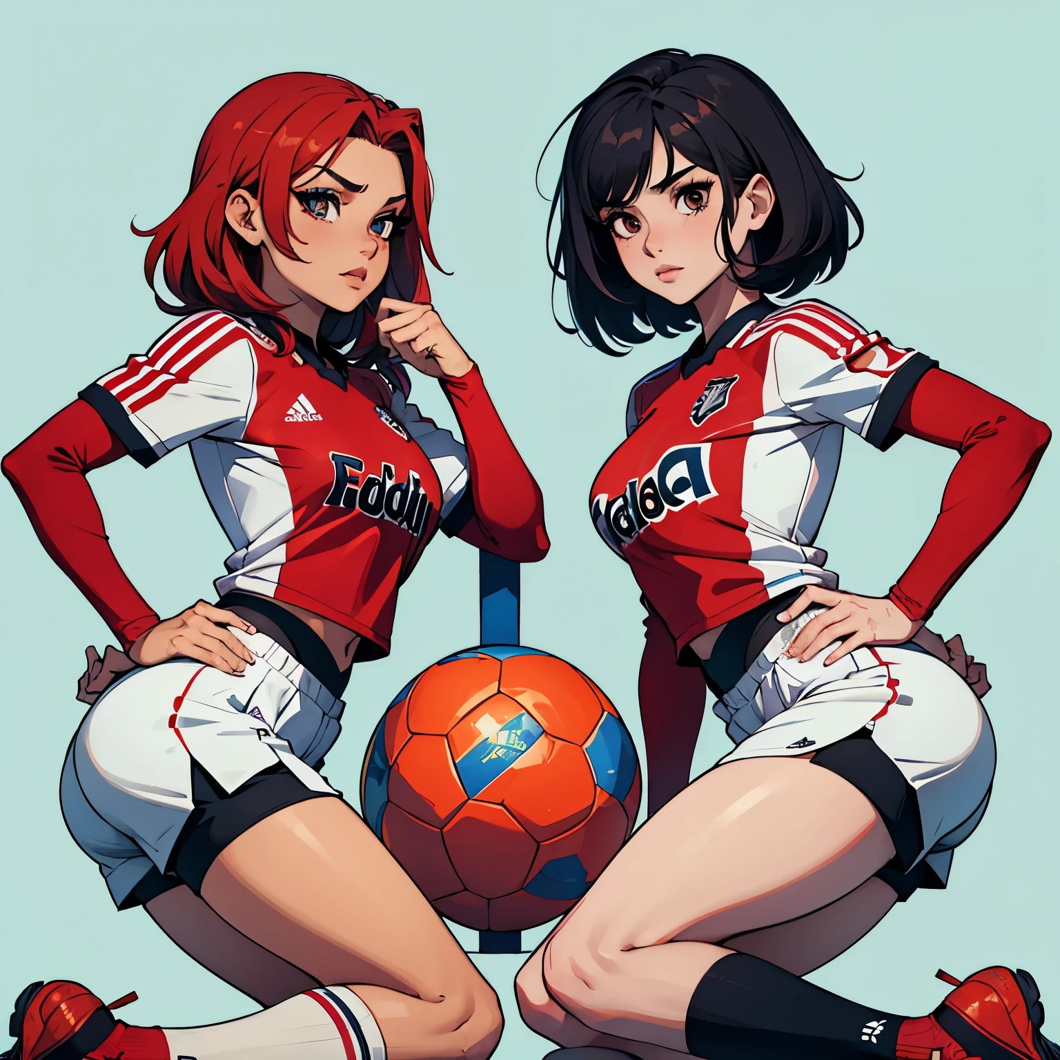 Jugadora de futbol, rubias, coleta en el pelo, Maquillaje en ojos. uniforme estrecho, pechos grandes, por debajo de camisa, Sexy red adidas kit, jugando en campo de futbol, uniforme apretado, medias altas, piernas abiertas, sudor