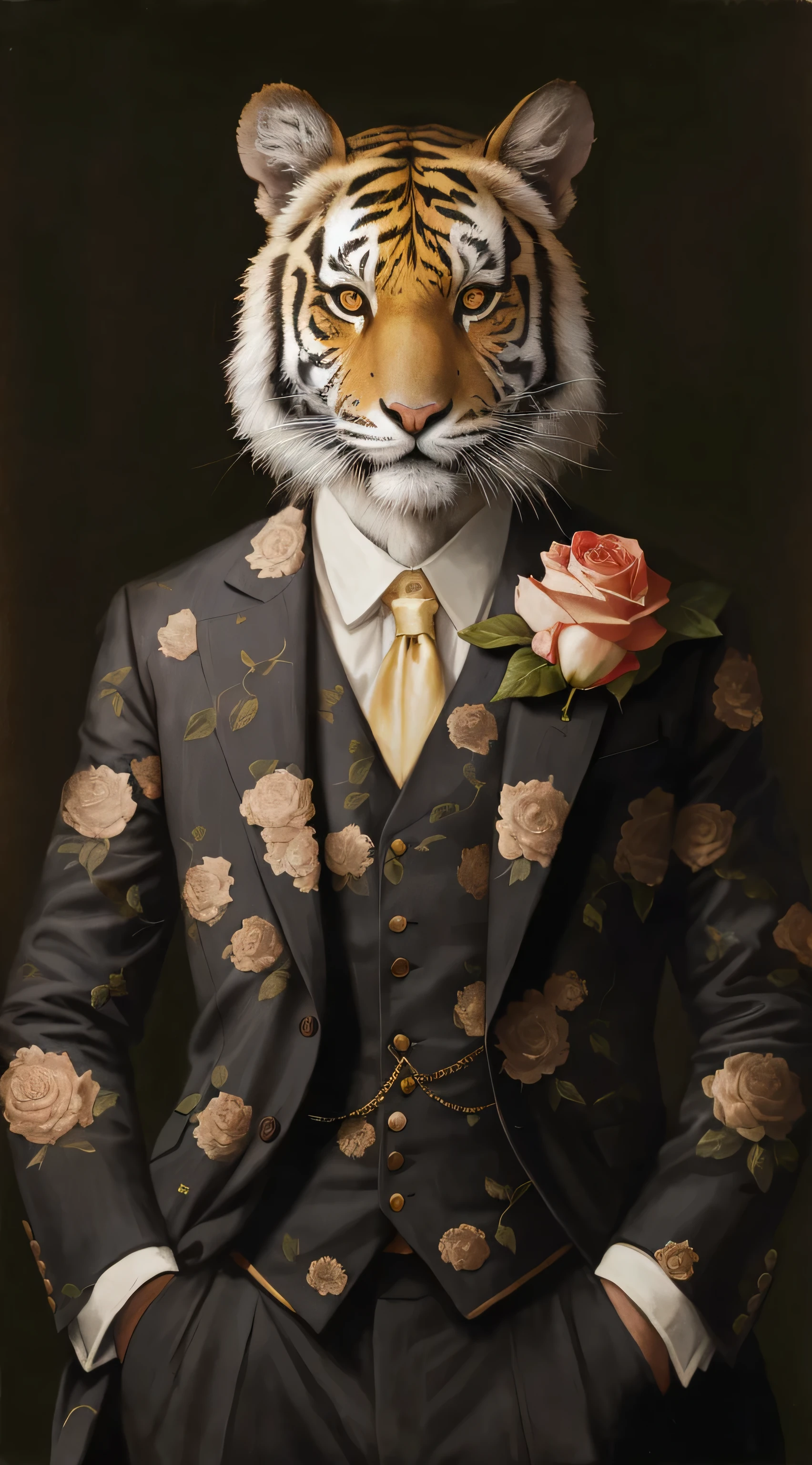 Draw a tiger wearing a suit and tie，blossom flower，anthropomorphic tiger，noble noble，masterpiece of human portrait，tom bagshaw portrait，author：by Galen Dara，saucepan，wearing an ornate suit，tom bagshaw style，Karen Bate，Dressed in period costume，tom bagshaw style，Elizabeth Jane Lloyd，Gorgeous style，Rich details​，golden colored，strong muscle，Domineering figure