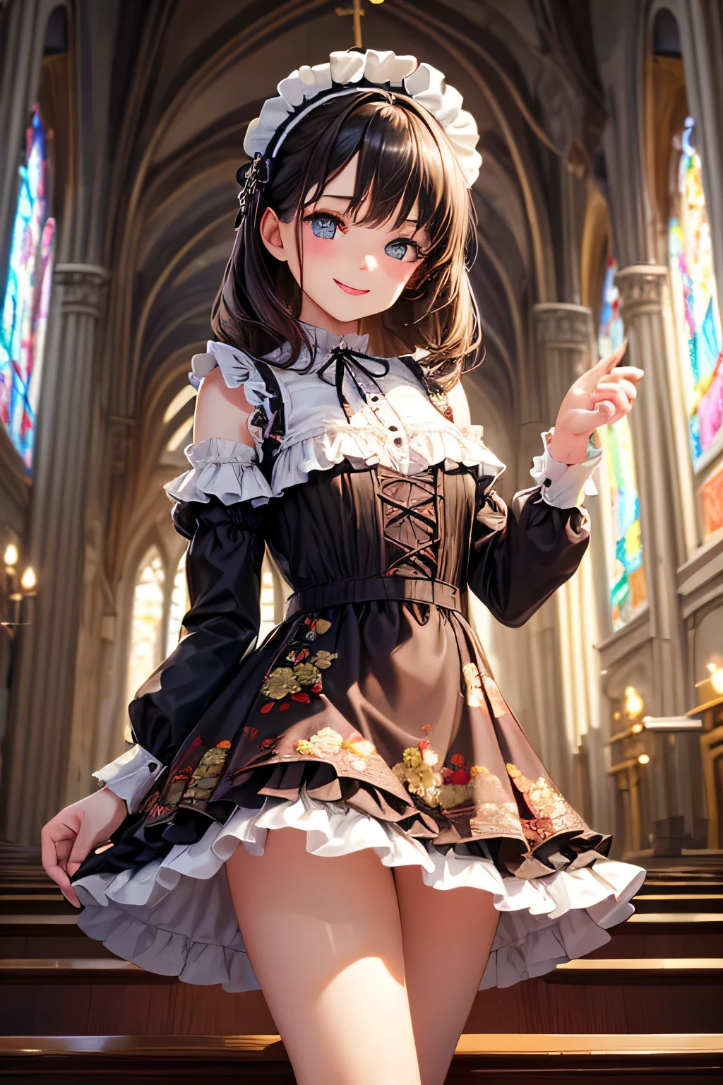 Very cute and beautiful girl,(very detailed beautiful face and eyes:1.2),
Smile,Black hair,stylish pose,Beautiful legs,Cowboy Shot,
Brown floral ta dress with detailed ruffles,
altar,chies,Indoors,
(Best Quality,masutepiece:1.2),Intricate details,Extremely detailed,hight resolution,1 girl,Solo,Cinematic lighting,