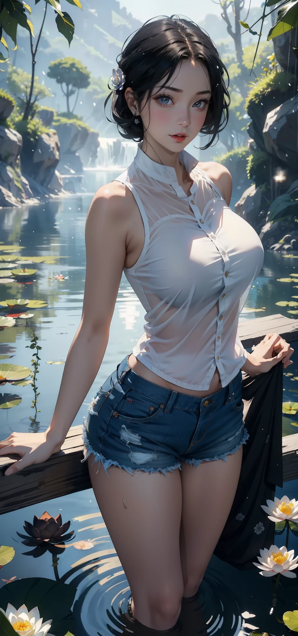 1female,45 yers old,Married woman,legs long, a slender waist, photo exposure, 独奏,(Background with:lake,lotus flower,at a forest) She has short black hair,standing in water,从frontage看, sky with many clouds,(((tmasterpiece),(Very detailed CG unified 8k wallpaper),Best quality,电影灯光,detailed back ground,beautiful pupil,(very delicate beautiful),(Beautiful and detailed eyes description),ultra - detailed,tmasterpiece,))Redlip,Snow-white skin,a little bit chubby,pubic hair very large,facing at the camera,A high resolution,ultra - detailed),Revealed,Very huge,Big breasts that expose the,, convex,Camel toes,(dressed in:,White transparent vest,denim short),facing at the camera,frontage