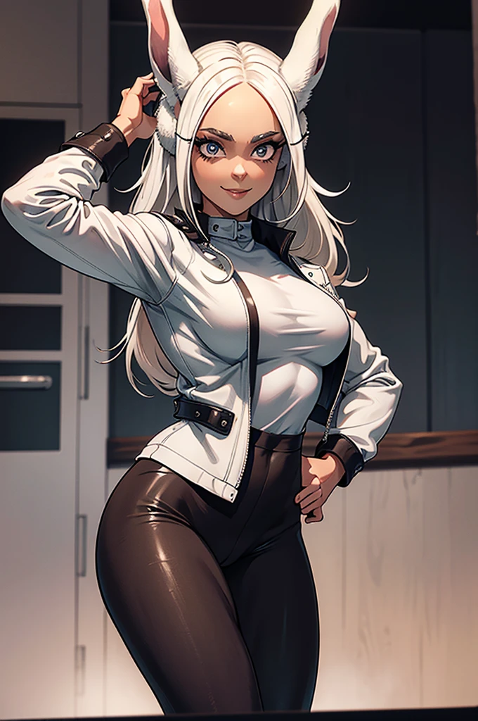 beautiful young warrior with bunny ears on her head, com rosto bem detalhado e bonito, belos olhos, belos olhos, rosto lindo, mulher jovem e bonita vestindo leggings longas com detalhes pretos, usando mini saia curta, usando jaqueta de couro preta, Standing in a castle, usando bota preta, cabelo comprido branco, ,orelhas de coelho, belo sorriso, Tomboy, um pouco musculoso,suter branco com cinta em volta, olhar serio,usando jaqueta de couro , leather jacket