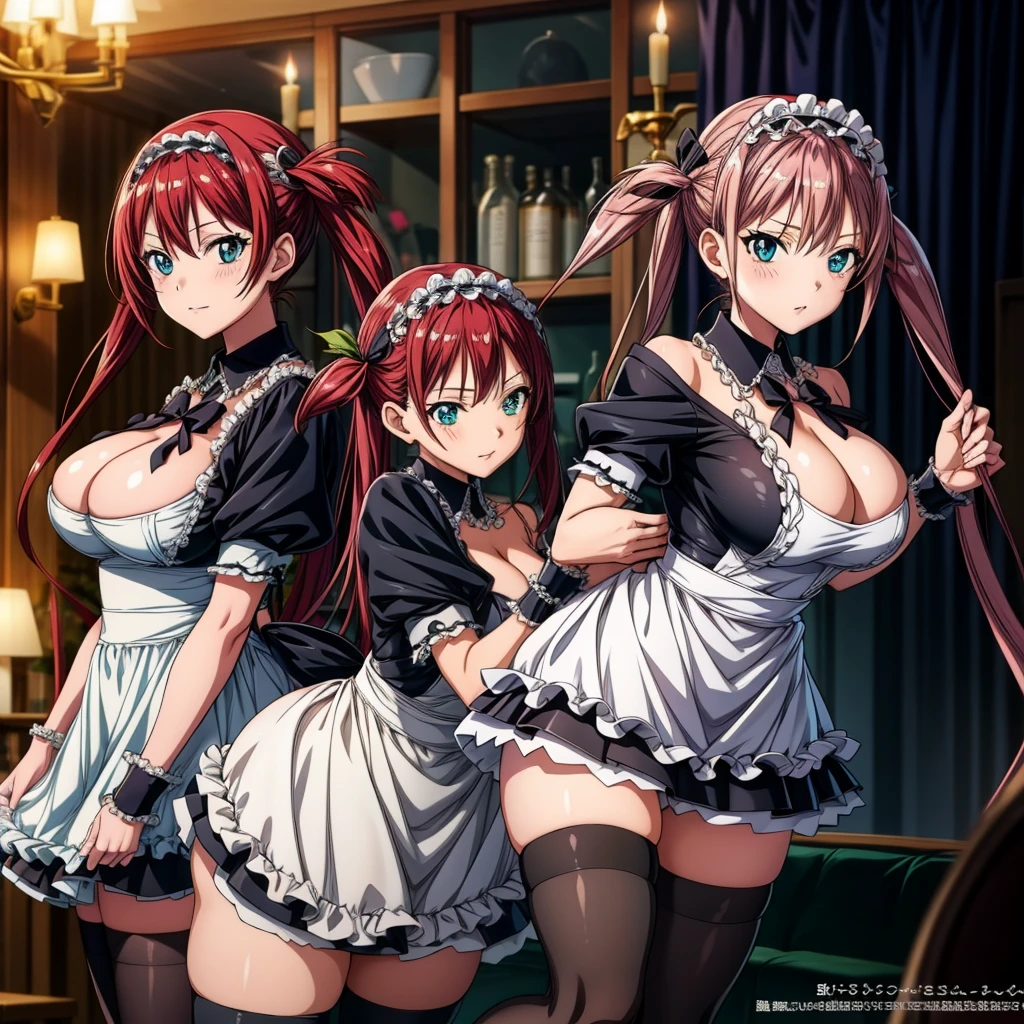 masutepiece, Best Quality, Airlib 4,  thighs thighs thighs thighs, black thighs thighs thighs thighs, Apron, zettai ryouiki, maid, Maid headdress, cleavage, Wrist cuffs,4 girls with different hairstyles