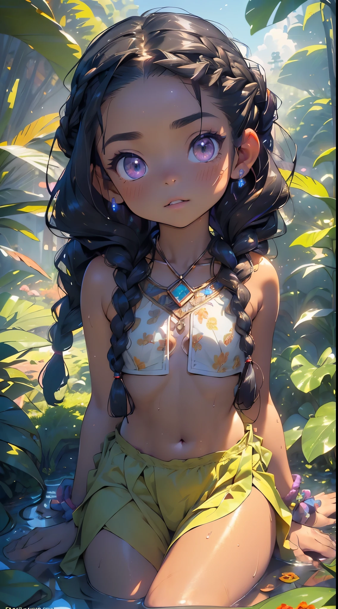 little loli tribal,(((little loli,small tiny body,petite,chibi,small))),(((6 years old))),(((1 toddler:1.4))),(baby face),(round face),(little chest),(big forhead:1.2),(beautiful big eyes:1.3),extremely detailed cute anime face,

(((flat chest))),((((long twin braids,tight braids,long braid,braided hair,long hime cut,dark hair,black hair,colored inner hair)))),(((purple_eyes:1.3))),intricate eyes,beautiful detailed eyes,symmetrical eyes,(big eyes:1.5),((((lustrous skin:1.5,tanned skin,bright skin: 1.5,skin tanned,shiny skin,very shiny skin,shiny body,Reflective skin)))),(((detailed face))),beautiful detailed lips,

(cute,kawaii,(nsfw)),🦄,🌈,

long loincloth,(navel),Shaman tribal clothes,thong tribal,(tribal clothes,style old Egypt),navel,barefoot,bare arms,exposed belly button,necklace,(tribal clothing),((red clothes,wet clothes,intricate outfit)),

dynamic pose,looking at viewer,embarrassed,centered,scale to fit dimensions,Rule of thirds,

outdoors,overgrown,(overgrown background,glowing crystals,bioluminescent plant),scenery,extremely scenery,(((glowing crystals,bioluminescent plants))),(puddles everywhere,moss,moss on the background),clouds,lily pads,palms,reeds,(sunset, golden hour),

(Glossy Egyptian ornaments),(top-quality,8K,32K,​masterpiece),high resolution,(Photorealistic:1.4),Ray tracing,Sun glare,depth of fields,By backlight effect,Add depth to your screen,(((vibrant colors,vibrant theme))),(intricate),(high contrast,photorealistic artwork:1.37),(best quality,4k,highres,masterpiece:1.2),ultra-detailed,(realistic,photorealistic,photo-realistic:1.37),professional,