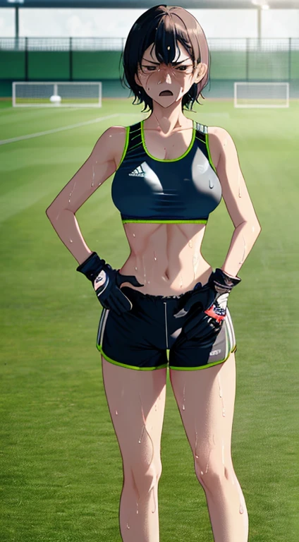 Photo of a asian female soccer player with saggy breasts, (((undressing))) in the middle of soccer field, 20yo, petite, slender body, tall body, fair skin, dimples, light, detailed face, embarrassed face, ((looking disgusted)), ((very angry)), (dissapointed), Perfect breasts, big breasts, natural breasts, big nipples, E cup, (((short hair))), (((jersey))), (((sport bra))),  (((goalkeeper gloves))), (((short pants))), (((short pants pull))), (((sport underwear))), (sweat:1), (wet)