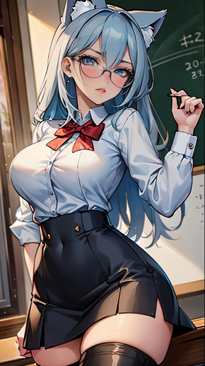 Masterpiece, beautiful art, professional artist, 8k, art style by sciamano240, very detailed face, detailed hair, detailed clothes, detailed fabric, 1girl, perfectly drawn body, beautiful face, long hair, light blue hair , very detailed blue cat eyes, wearing teacher clothes, thigh boots, pencil skirt, glasses, looking angrily over glasses, pouty lips , rosey cheeks, school setting, detailed background, blackboard , show details in eyes, upclose view, looking at viewer, angry expression, frown,