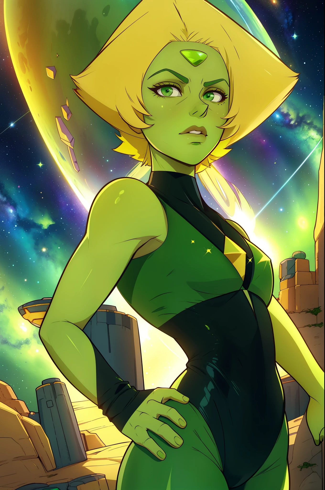 Peridot,green skin,forehead jewel, green eyes,blonde hair,
leotard, yellow shades, 
serious,  
 solo, upper body,    cowboy shot,  standing, 
stars, space,  milky way,
 (insanely detailed, beautiful detailed face,masterpiece, best quality)