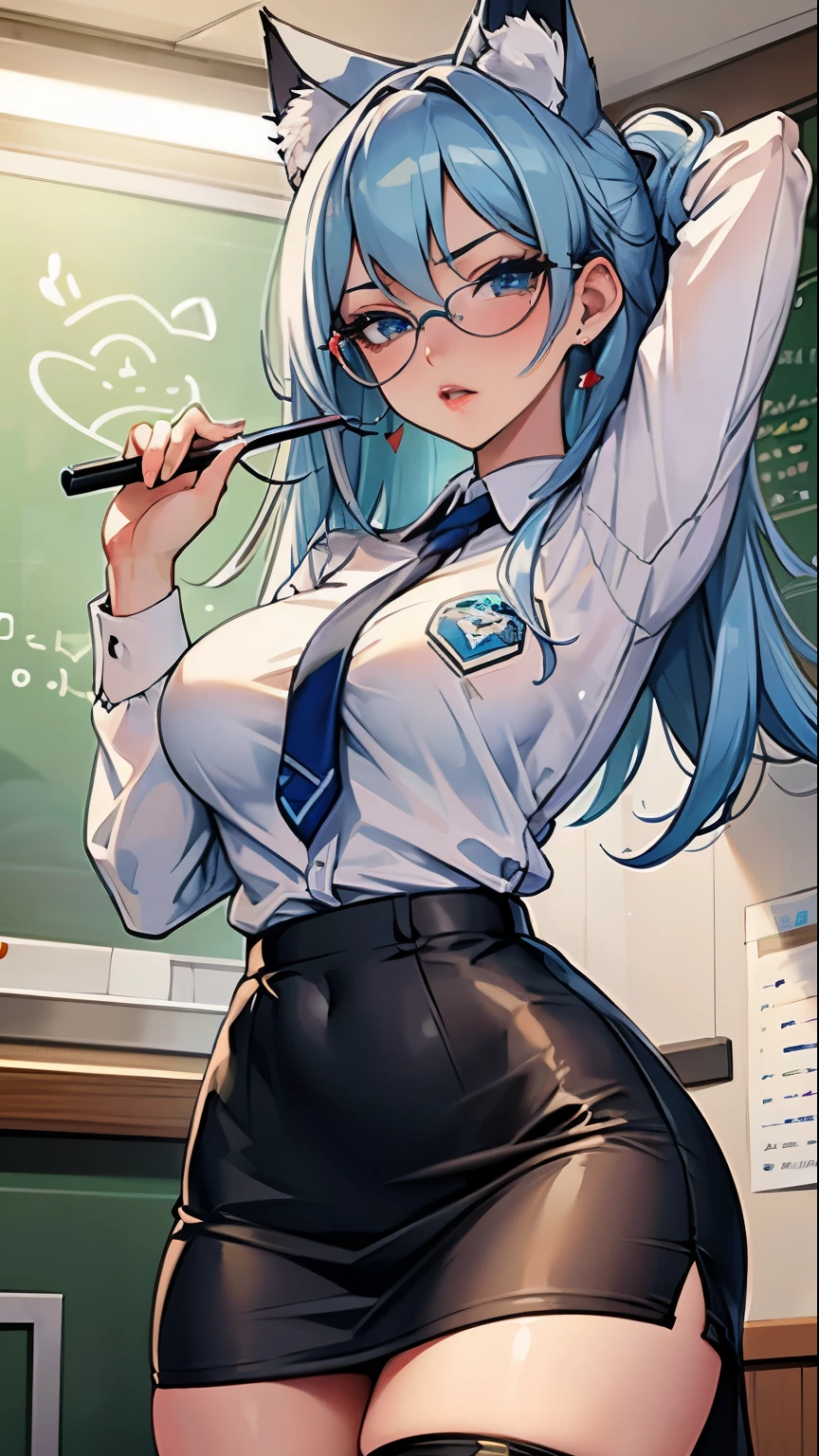 Masterpiece, beautiful art, professional artist, 8k, art style by sciamano240, very detailed face, detailed hair, detailed clothes, detailed fabric, 1girl, perfectly drawn body, beautiful face, long hair, light blue hair , very detailed blue cat eyes, wearing teacher clothes, thigh boots, pencil skirt, glasses, looking angrily over glasses, pouty lips , rosey cheeks, school setting, detailed background, blackboard , show details in eyes, upclose view, looking at viewer, angry expression, frown,