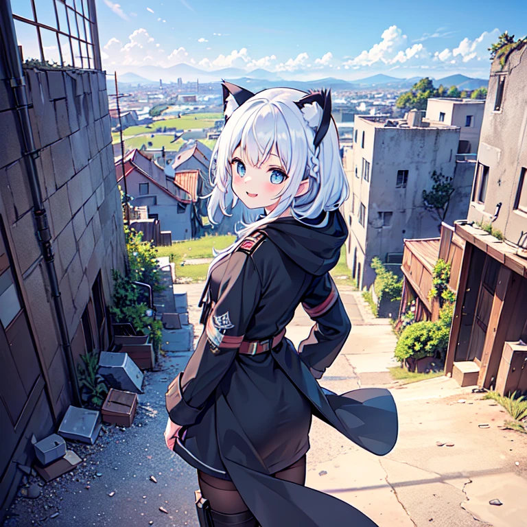 masterpiece, best quality, 1girl, hood up, cat-ear hood, white hair, blue eyes, french braid, blunt bangs, military black wear, apocalyptic world, ruined city, wilderness, high ground, wind, dynamic angle and pose, smile,