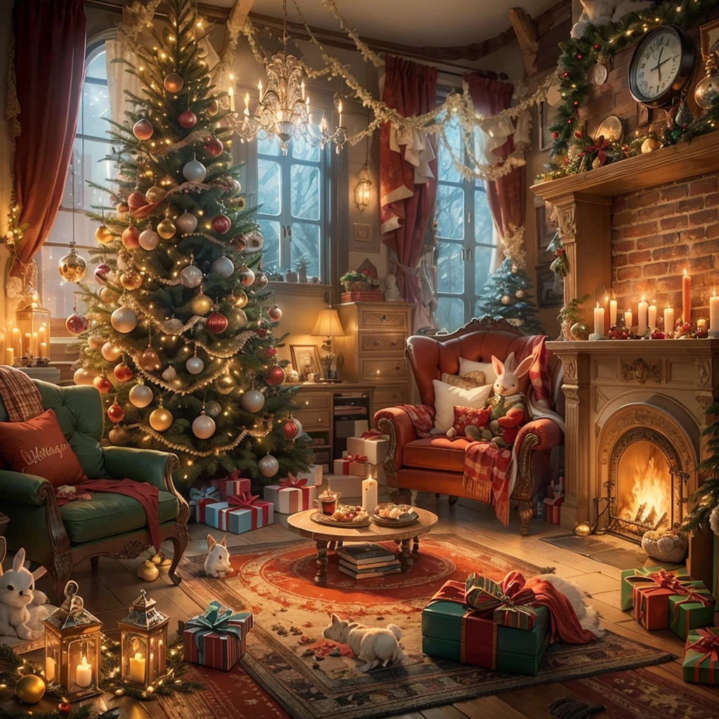 (photorealistic:1.2),ultra-detailed,Christmas, Alice in Wonderland style, living room, cozy atmosphere,chimney,decorated Christmas tree,presents,ornaments,fireplace,magical,tea set,playing cards furniture,enchanted lighting,vivid colors,mysterious,rabbit hole,quirky details,magic potion,dreamlike,adorable chandelier,dancing furniture,smiling clock,curious mirror,whimsical,unusual perspective,magical doorways,plush cushions,sparkling snowflakes,jolly atmosphere,cupcakes and treats, festive ornaments,mischievous grin,happy surprises,imaginative,joyful celebration, fantasy wonderland, whimsical decorations,carefully placed stockings,candle lights,cosy carpet,fairy lights,celebration of wonder,exciting holiday spirit,enchanted decorations, joy and warmth, delightful surprises, wonder-filled festivities, magical and charming ambiance,creative and playful, holiday cheer