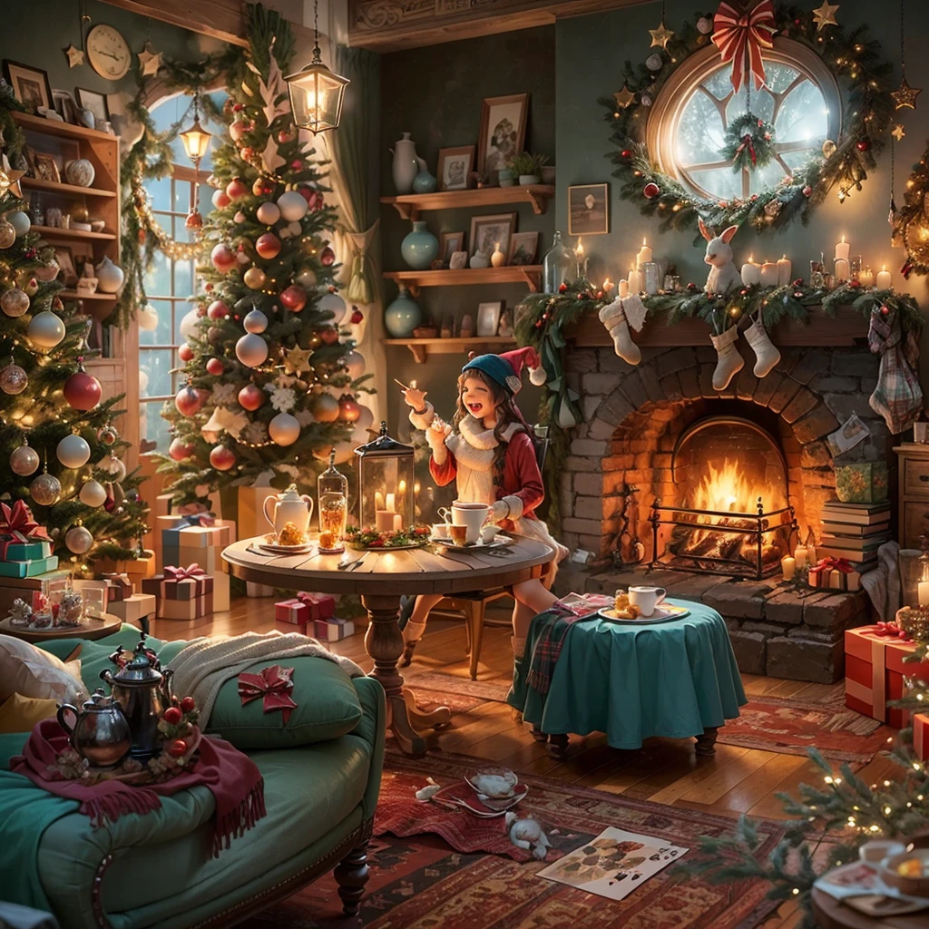 (photorealistic:1.2),ultra-detailed,Christmas, Alice in Wonderland style, living room, cozy atmosphere,chimney,decorated Christmas tree,presents,ornaments,fireplace,magical,tea set,playing cards furniture,enchanted lighting,vivid colors,mysterious,rabbit hole,quirky details,magic potion,dreamlike,adorable chandelier,dancing furniture,smiling clock,curious mirror,whimsical,unusual perspective,magical doorways,plush cushions,sparkling snowflakes,jolly atmosphere,cupcakes and treats, festive ornaments,mischievous grin,happy surprises,imaginative,joyful celebration, fantasy wonderland, whimsical decorations,carefully placed stockings,candle lights,cosy carpet,fairy lights,celebration of wonder,exciting holiday spirit,enchanted decorations, joy and warmth, delightful surprises, wonder-filled festivities, magical and charming ambiance,creative and playful, holiday cheer