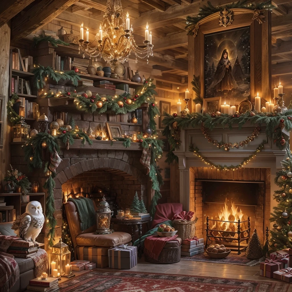 "(best quality, highres), Harry Potter-inspired Christmas living room, cozy fireplace, magical atmosphere, festive decorations, enchanted Christmas tree, warm candlelight, vintage furniture, ornate bookshelves, intricate ornaments, spellbinding atmosphere, Hogwarts-inspired scenery, snow-covered windowpanes, mystical ambiance, cozy armchairs, steaming mugs of butterbeer, floating candles, shimmering Christmas lights, cozy reading nook, spellbooks, magical artifacts, flickering firelight, crackling logs, magical gifts, whimsical stockings, glowing embers, snowflakes dancing in the air, enchanting snow globe, magical portrait above the mantel, hidden passages, secret doorways, captivating Christmas carols filling the room, snowy owl perched on a chair, warm and inviting ambiance."