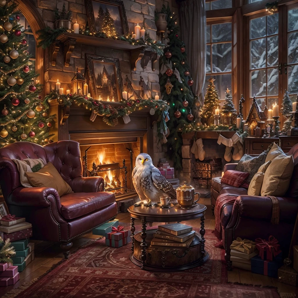 "(best quality, highres), Harry Potter-inspired Christmas living room, cozy fireplace, magical atmosphere, festive decorations, enchanted Christmas tree, warm candlelight, vintage furniture, ornate bookshelves, intricate ornaments, spellbinding atmosphere, Hogwarts-inspired scenery, snow-covered windowpanes, mystical ambiance, cozy armchairs, steaming mugs of butterbeer, floating candles, shimmering Christmas lights, cozy reading nook, spellbooks, magical artifacts, flickering firelight, crackling logs, magical gifts, whimsical stockings, glowing embers, snowflakes dancing in the air, enchanting snow globe, magical portrait above the mantel, hidden passages, secret doorways, captivating Christmas carols filling the room, snowy owl perched on a chair, warm and inviting ambiance."