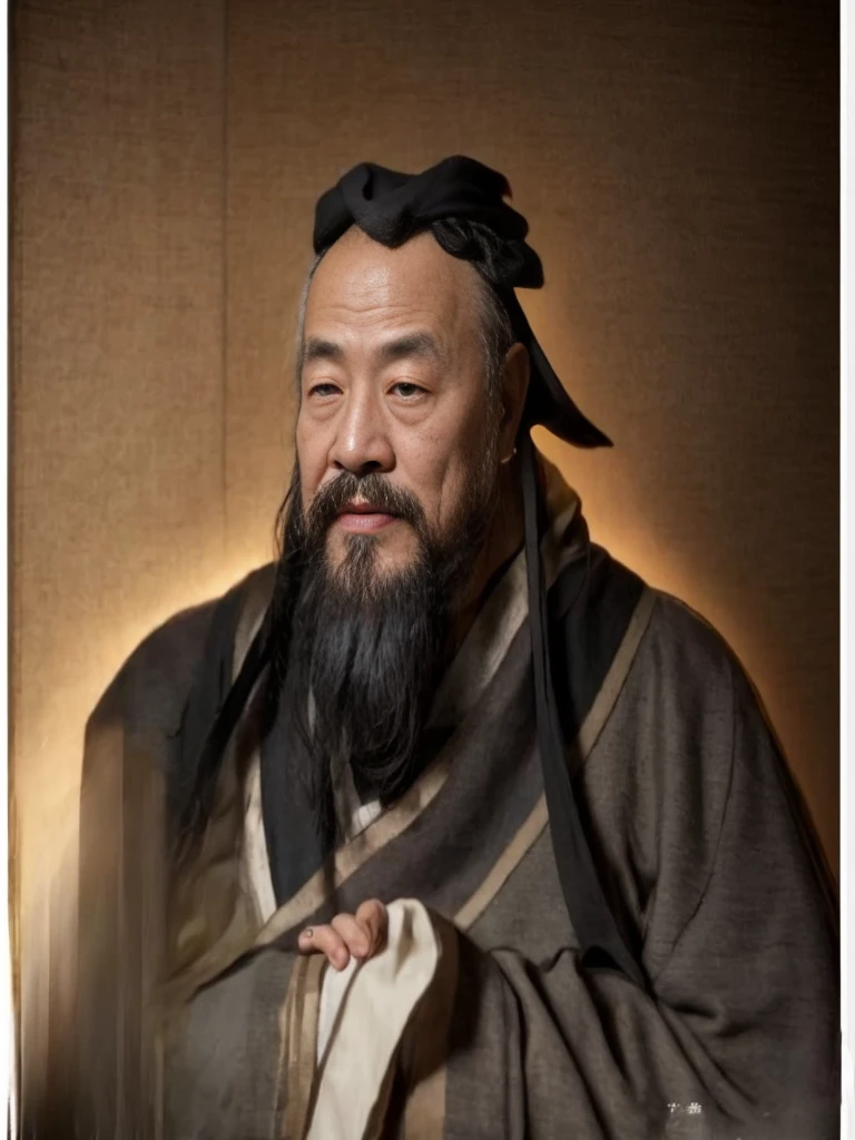 With a beard、Husband man wearing scarf standing in room, feng shu, Inspired by Hu Zaobin, inspired by Wu Daozi, inspired by Li Kan, pan ren wei, bian lian, inspired by Wu Bin, Taoist, hua cheng, confucius and jury trial, jin shan, Taoist, 16K resolution,Confucius image